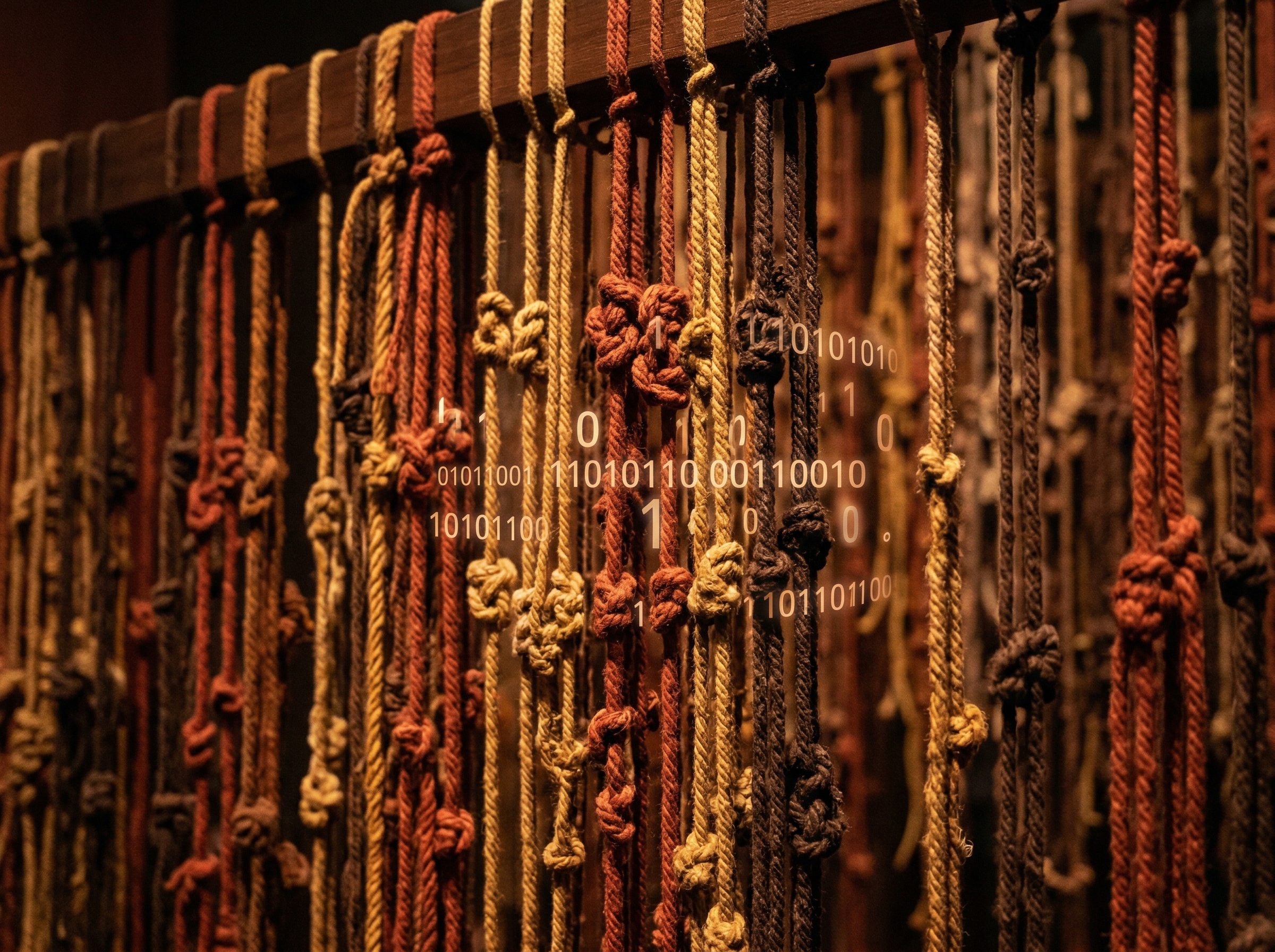 Colorful Inca quipu knotted strings with mathematical patterns suggesting computational logic