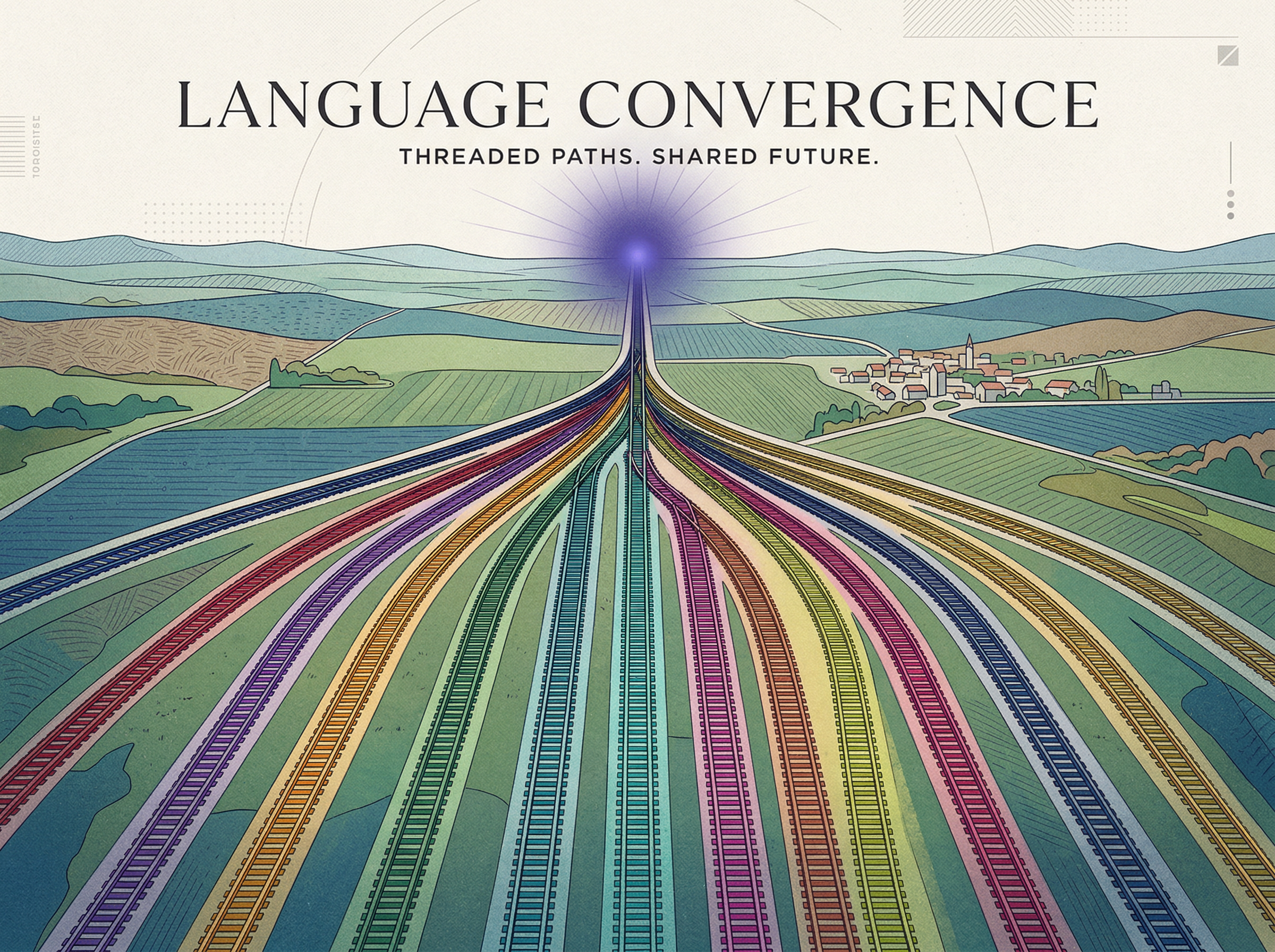 Branching railroad tracks splitting into parallel paths, each a different color, converging at a glowing indigo point