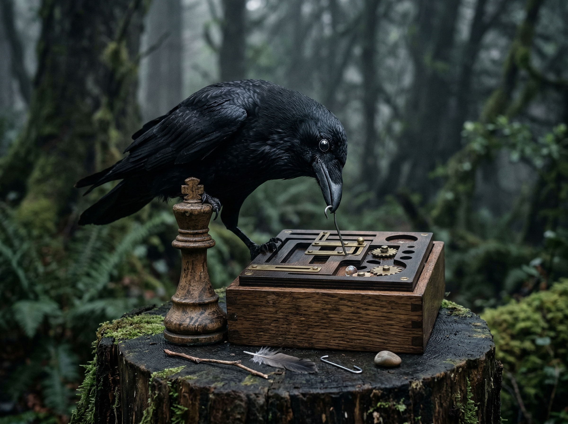 A raven perched on a chess piece, solving a multi-step puzzle with gleaming intelligent eyes