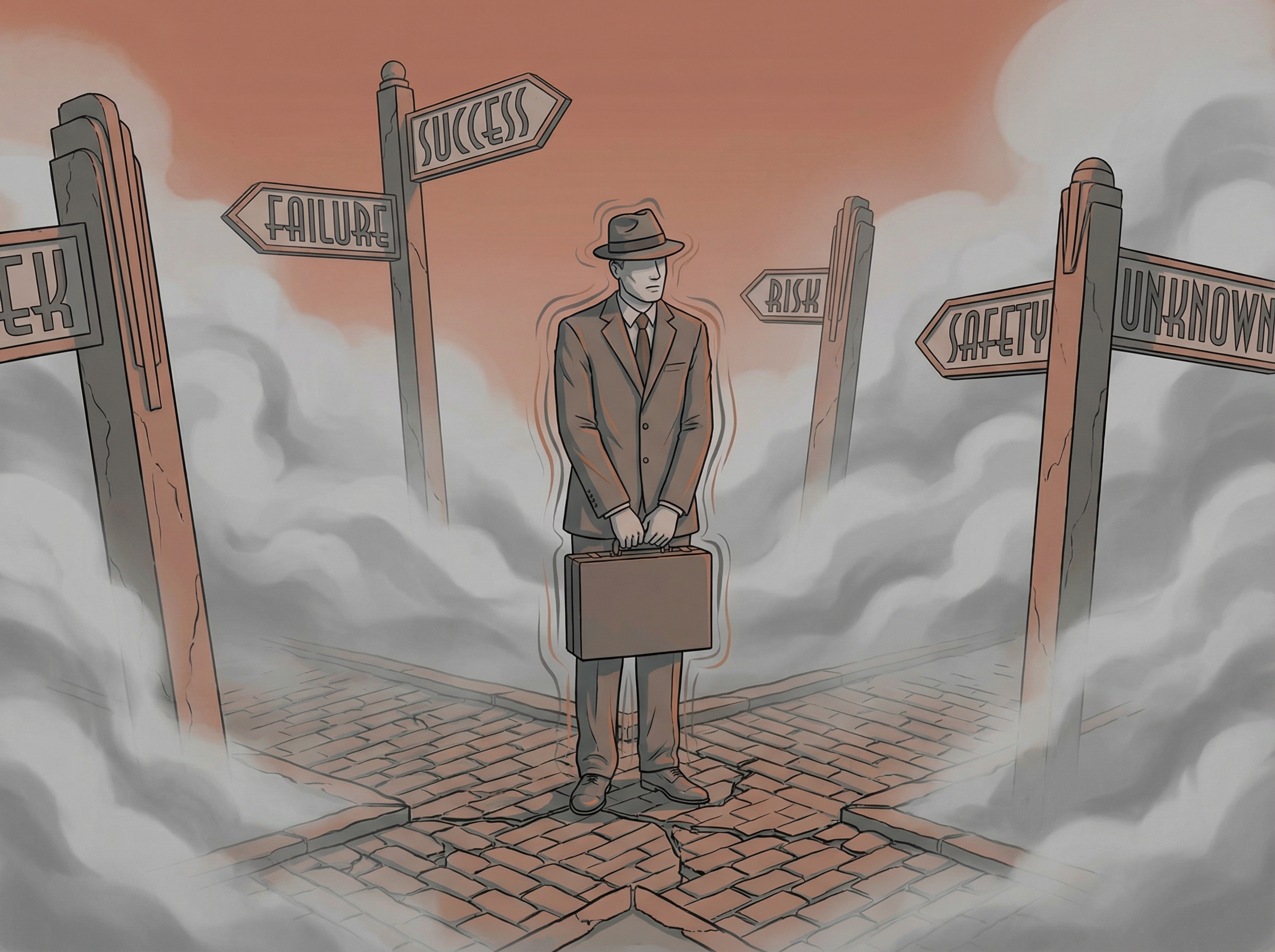 Businessman frozen at crossroads with conflicting directions