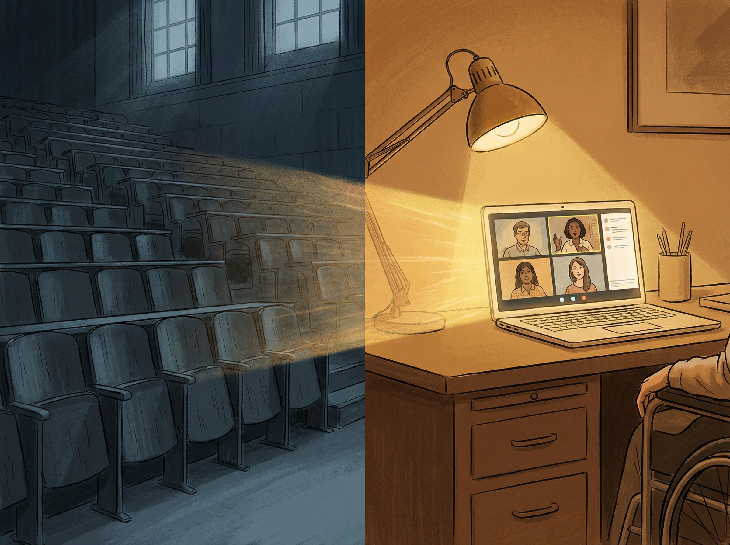 Split composition showing empty lecture hall on left and home office with laptop on right, warm lamp light fighting screen glow