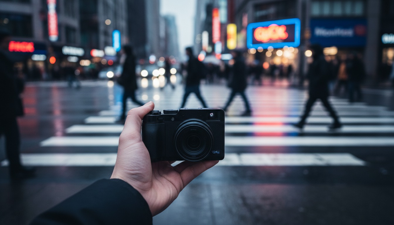 Compact camera held discreetly at hip level on a busy urban street