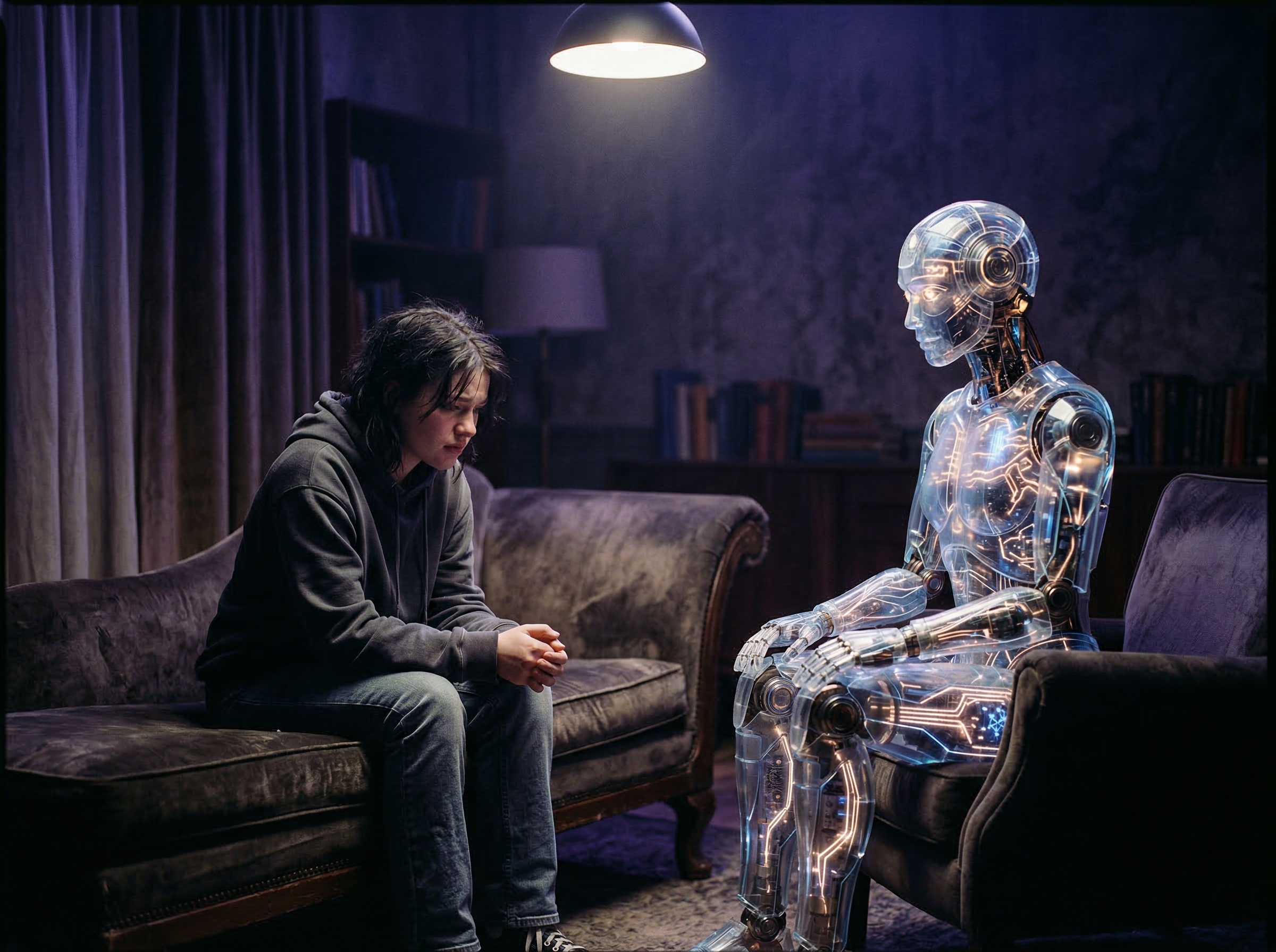 A surreal scene of a translucent glass robot sitting across from a teenager on a therapy couch