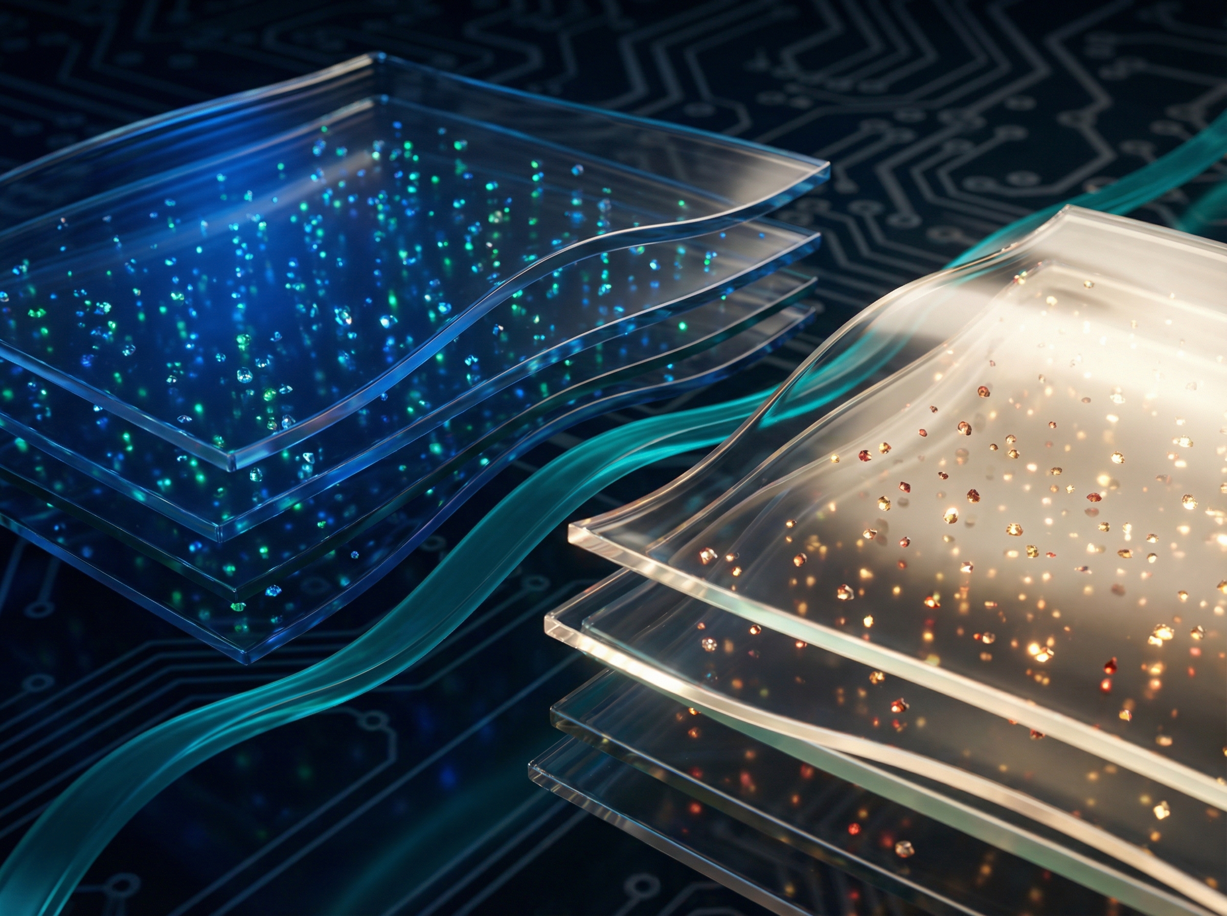 Abstract visualization of display panel architecture showing quantum dot layers and OLED panel technology