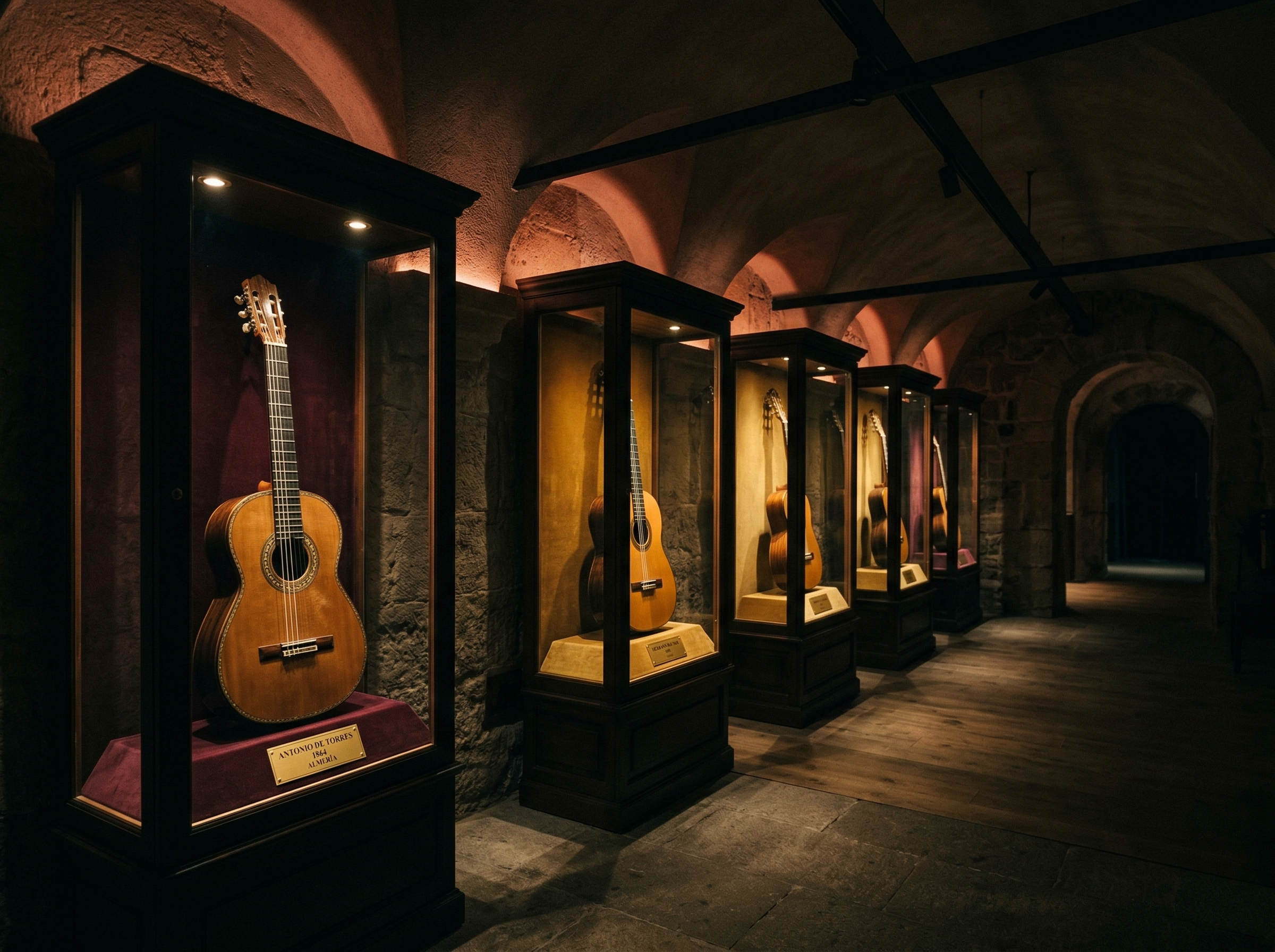 Rare classical guitars displayed in museum-quality glass cases with dramatic lighting
