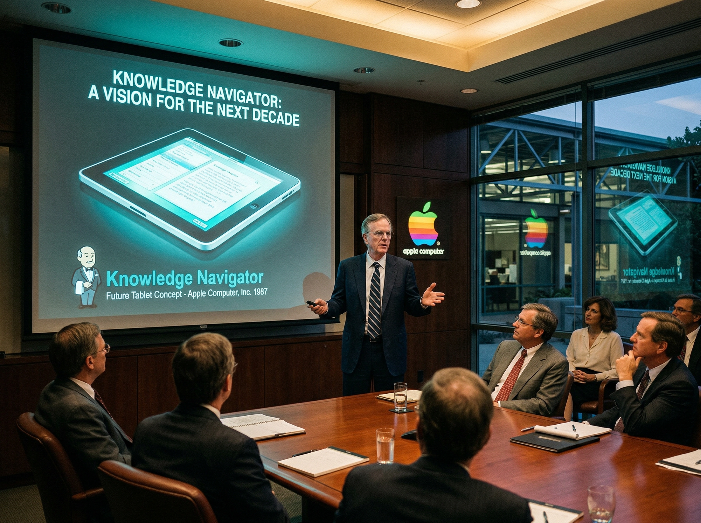 A 1980s corporate boardroom with a futuristic tablet concept on the presentation screen