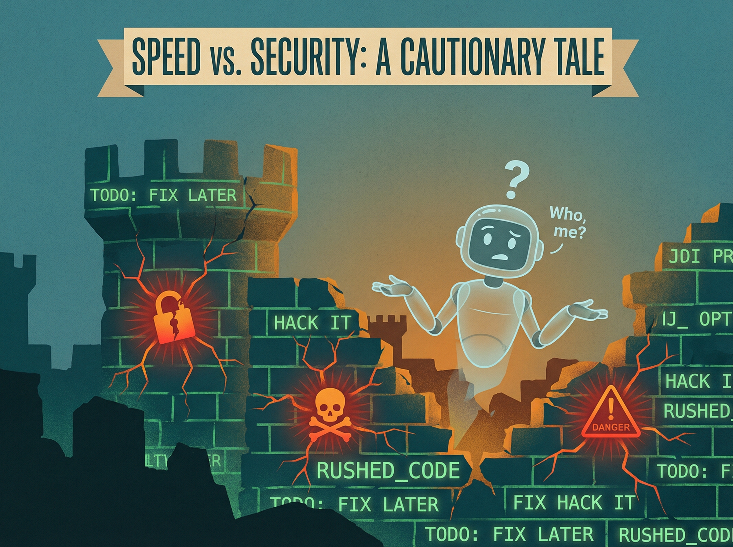 A crumbling digital fortress with security warning symbols seeping through cracks