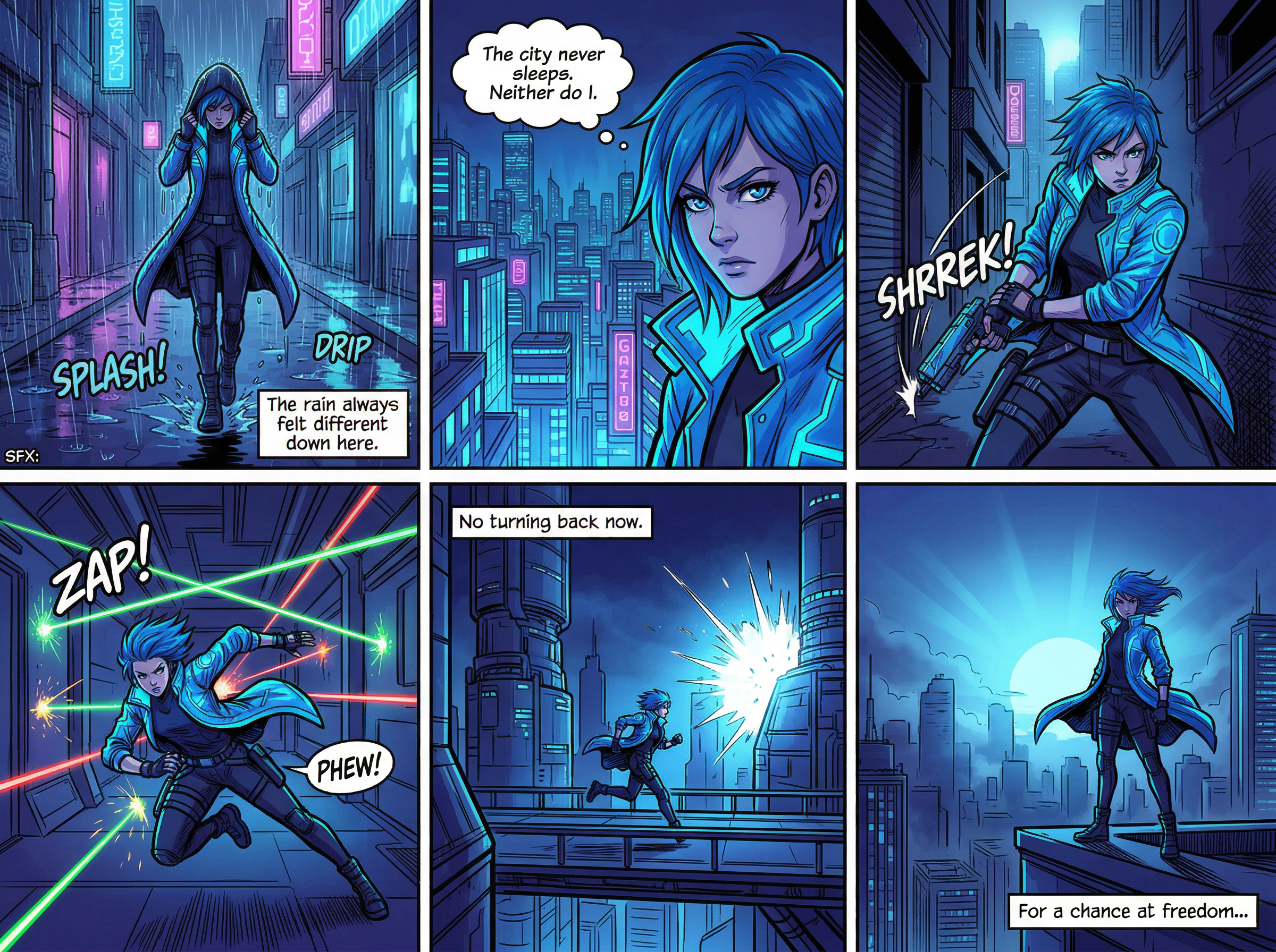 A six-panel comic page showing the same cyberpunk character in different dramatic poses, perfectly consistent across all panels