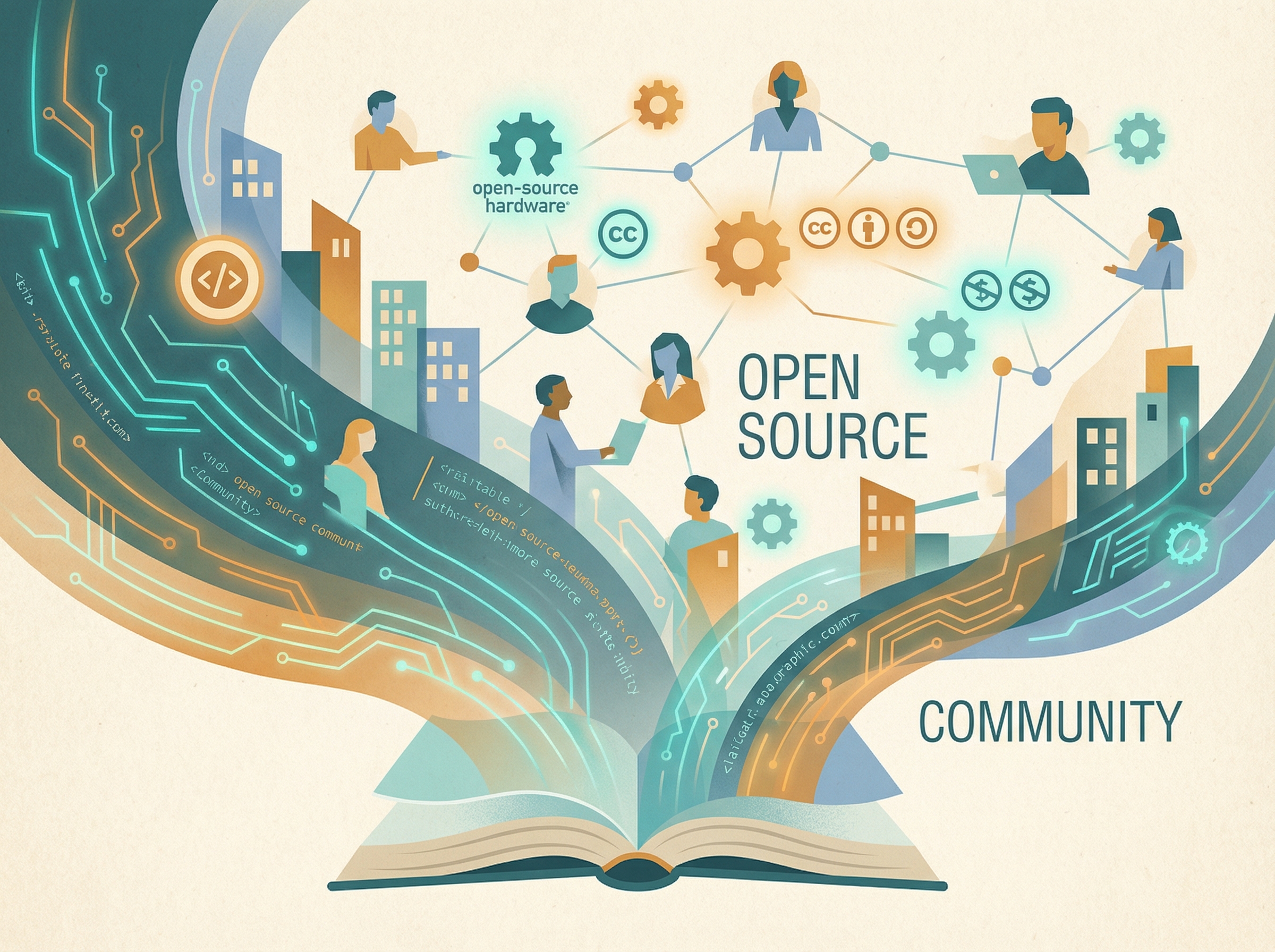 Open book radiating streams of code branching into a community network