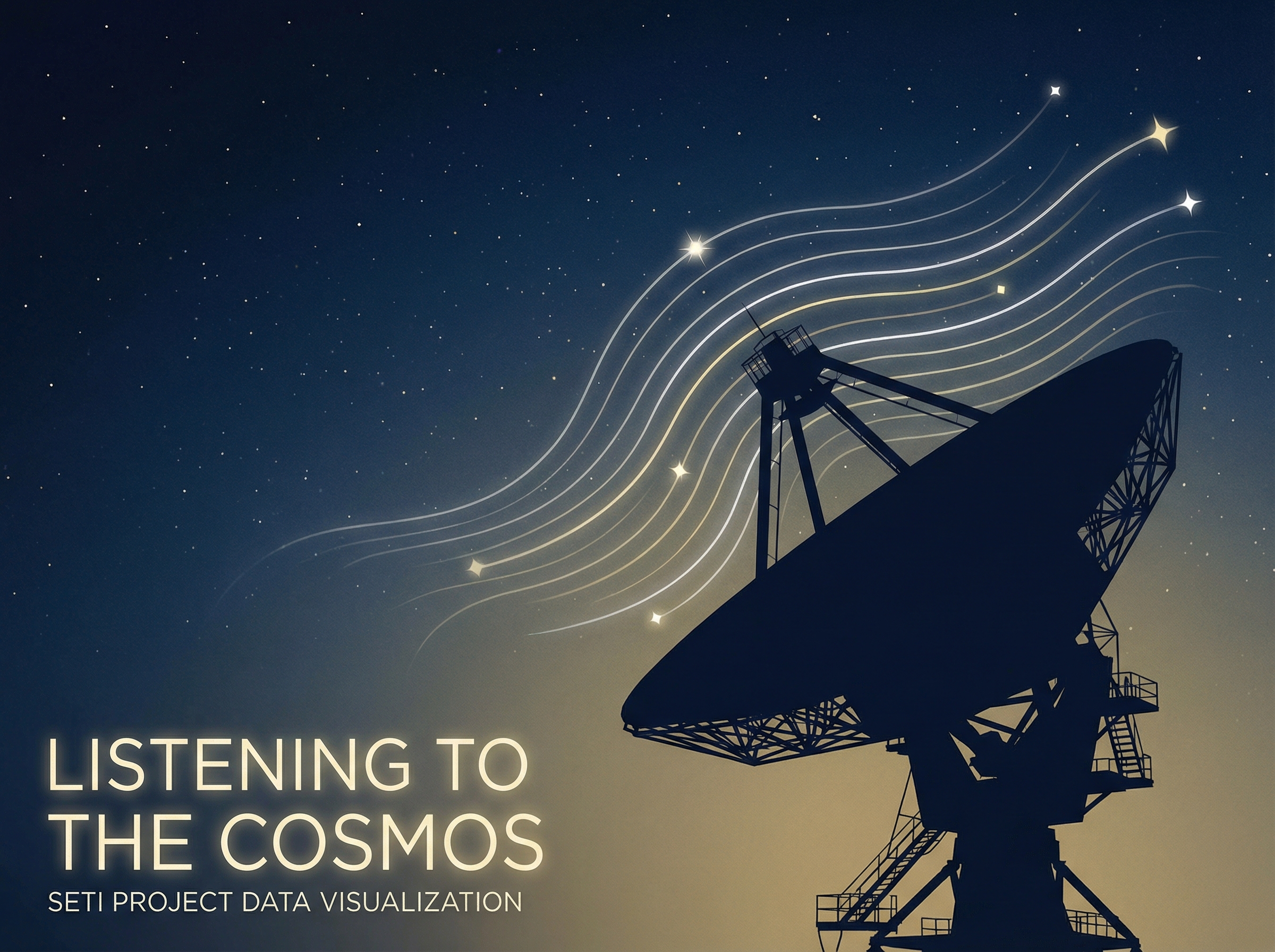 Radio telescope array under starfield representing SETI research