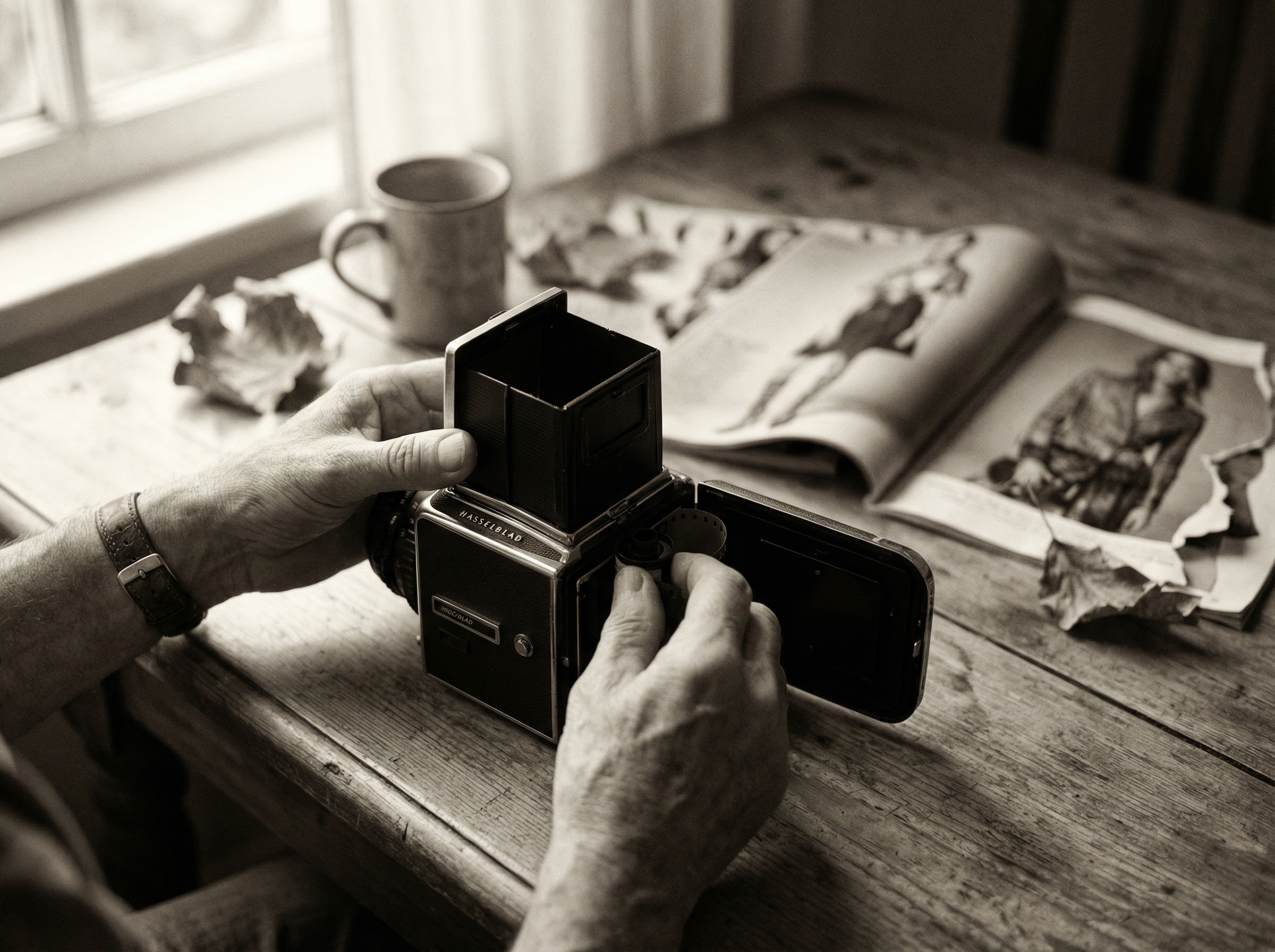 Professional photographer with medium format film camera