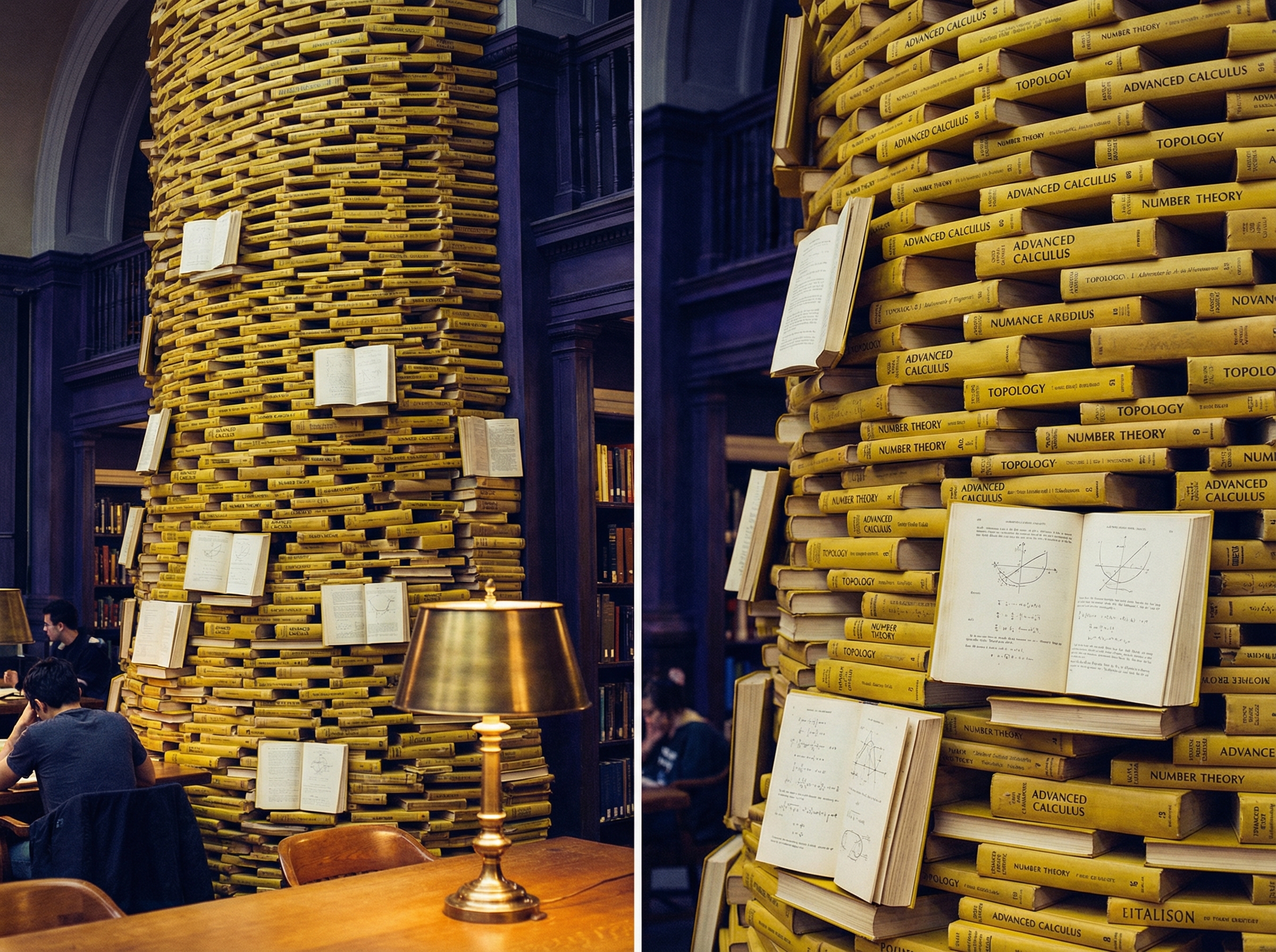 A towering wall of yellow-spined mathematics textbooks in a university library, stacked floor to ceiling