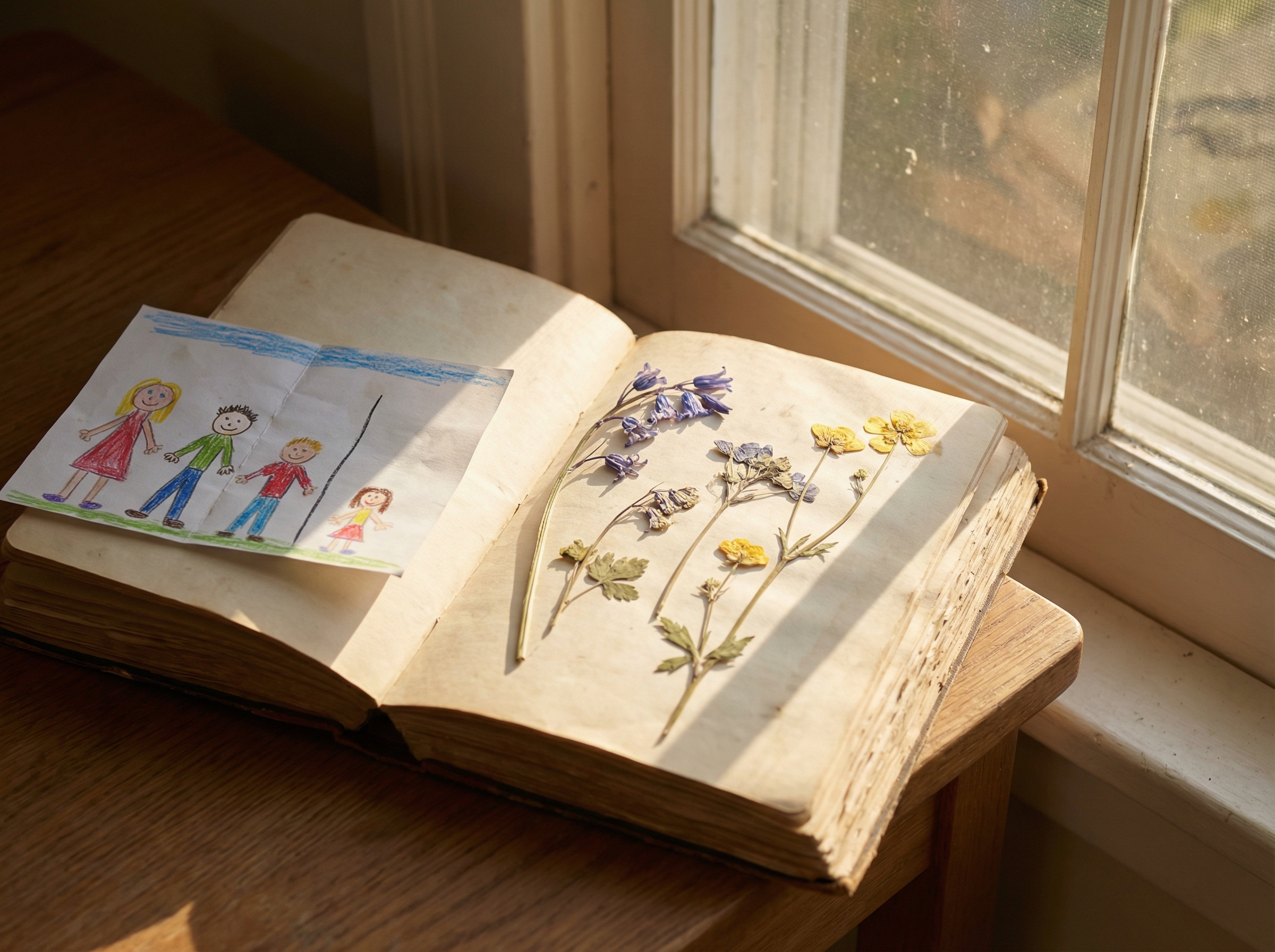 Open memoir book with pressed wildflowers and childhood drawing casting shadows