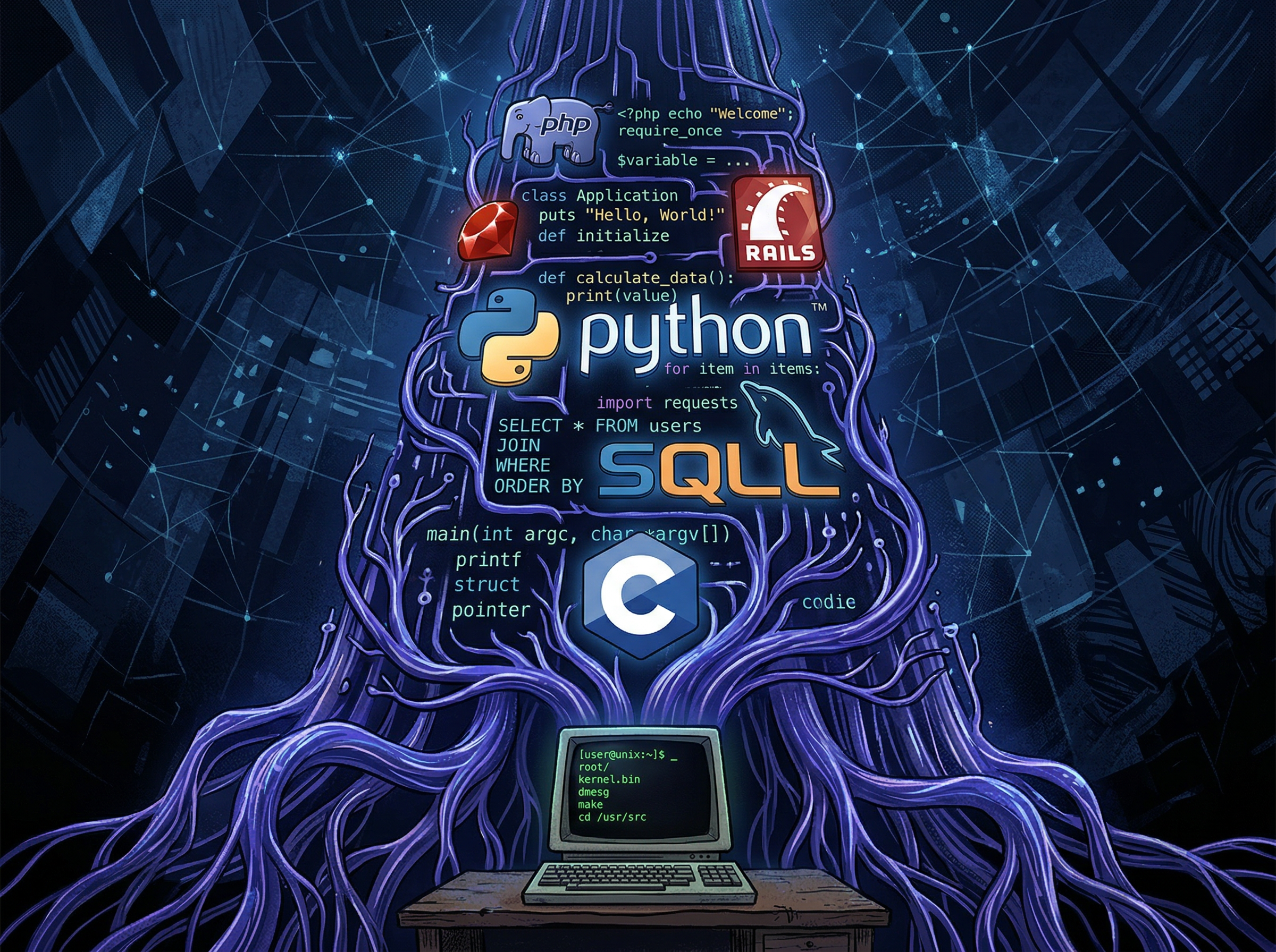 Towering stack of software logos connected by glowing parse tree branches growing from a humble Unix terminal