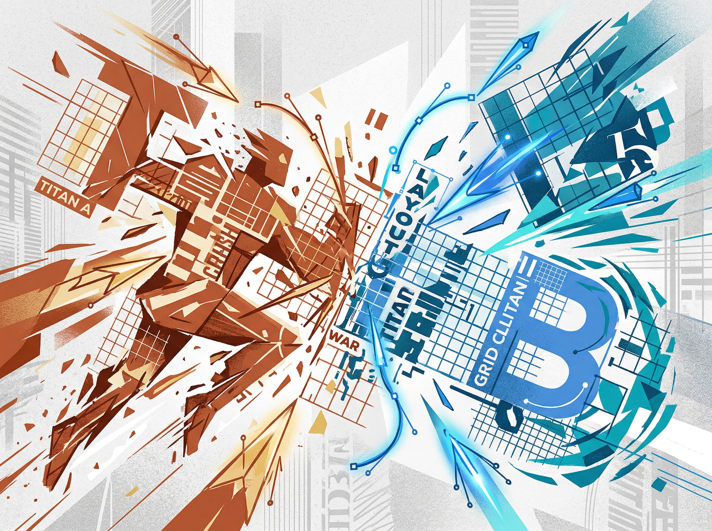 Abstract editorial illustration of competing page layout software empires clashing with geometric grids and Bezier curves