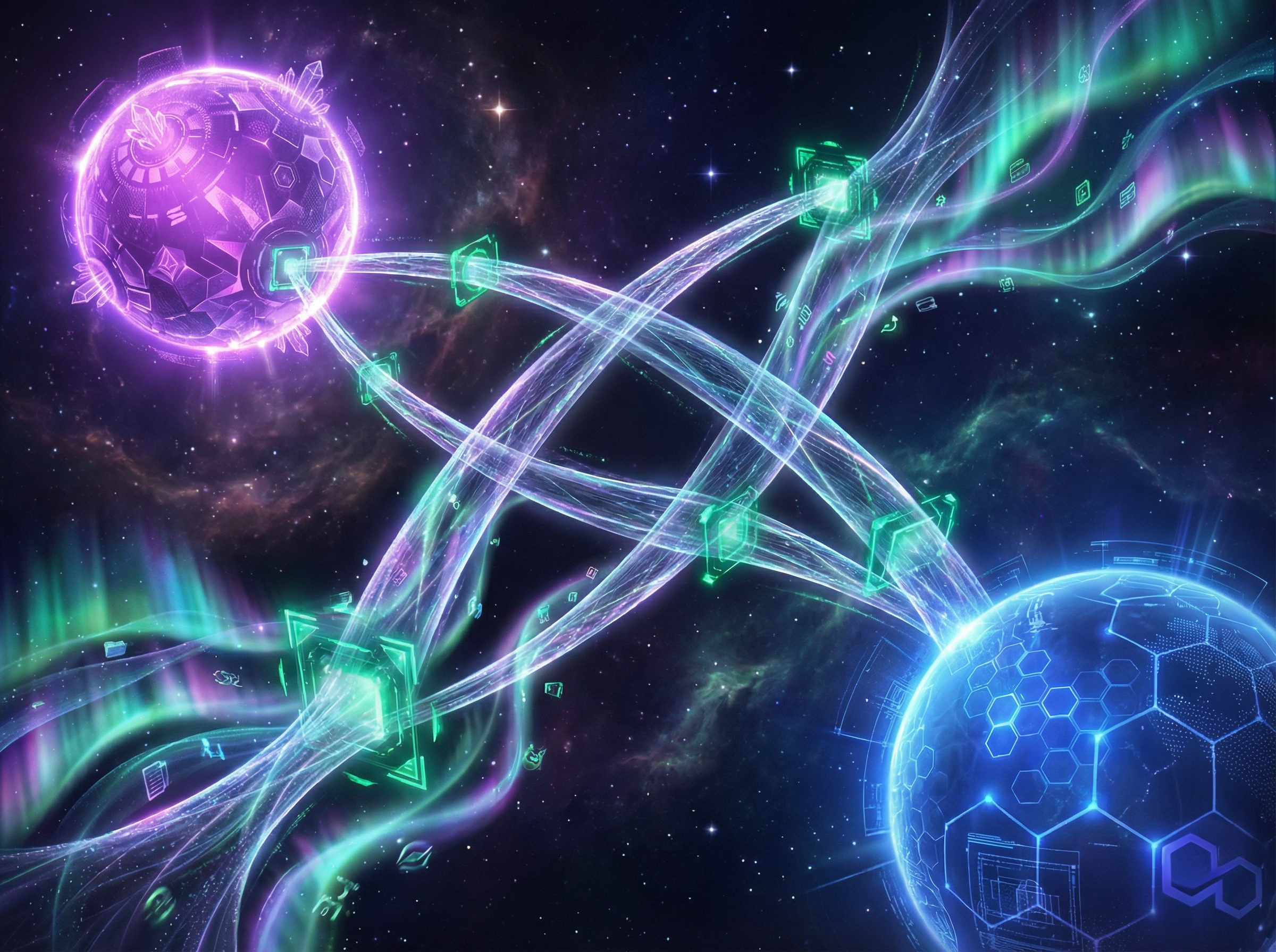 Abstract visualization of blockchain bridges connecting Solana and Polygon networks