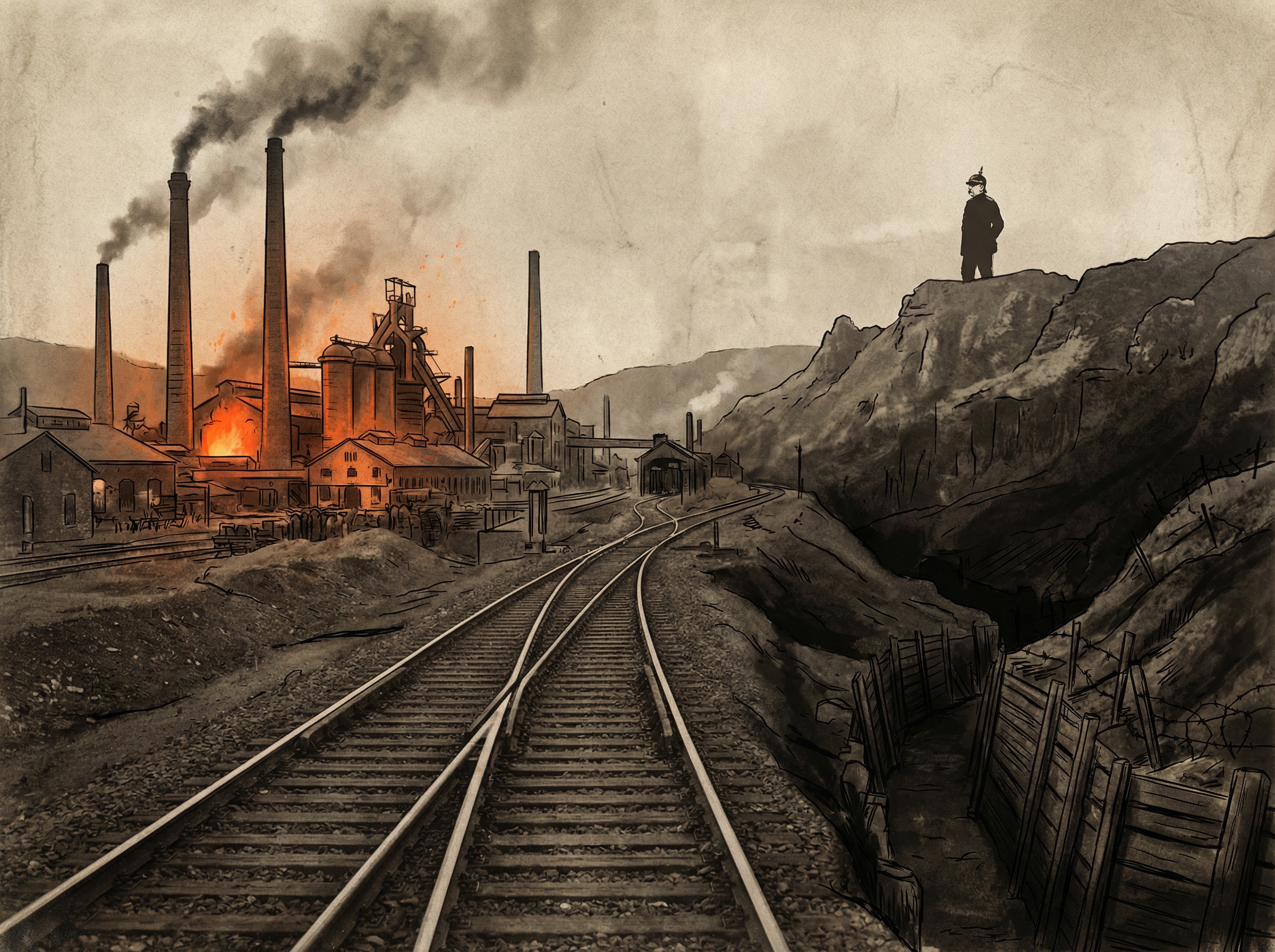 Branching railroad tracks through German industrial landscape circa 1890