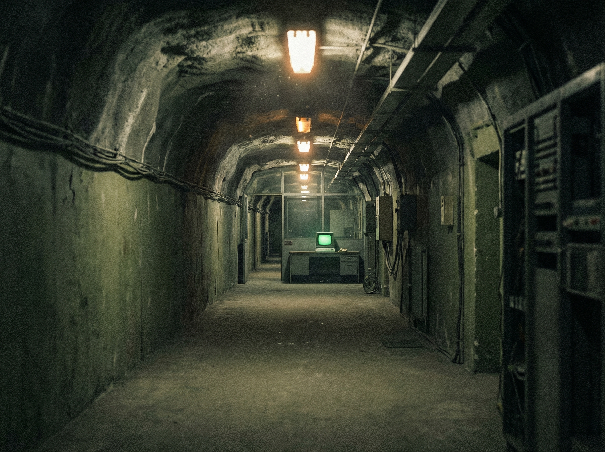 Empty corridors inside a mountain bunker with dim amber lighting