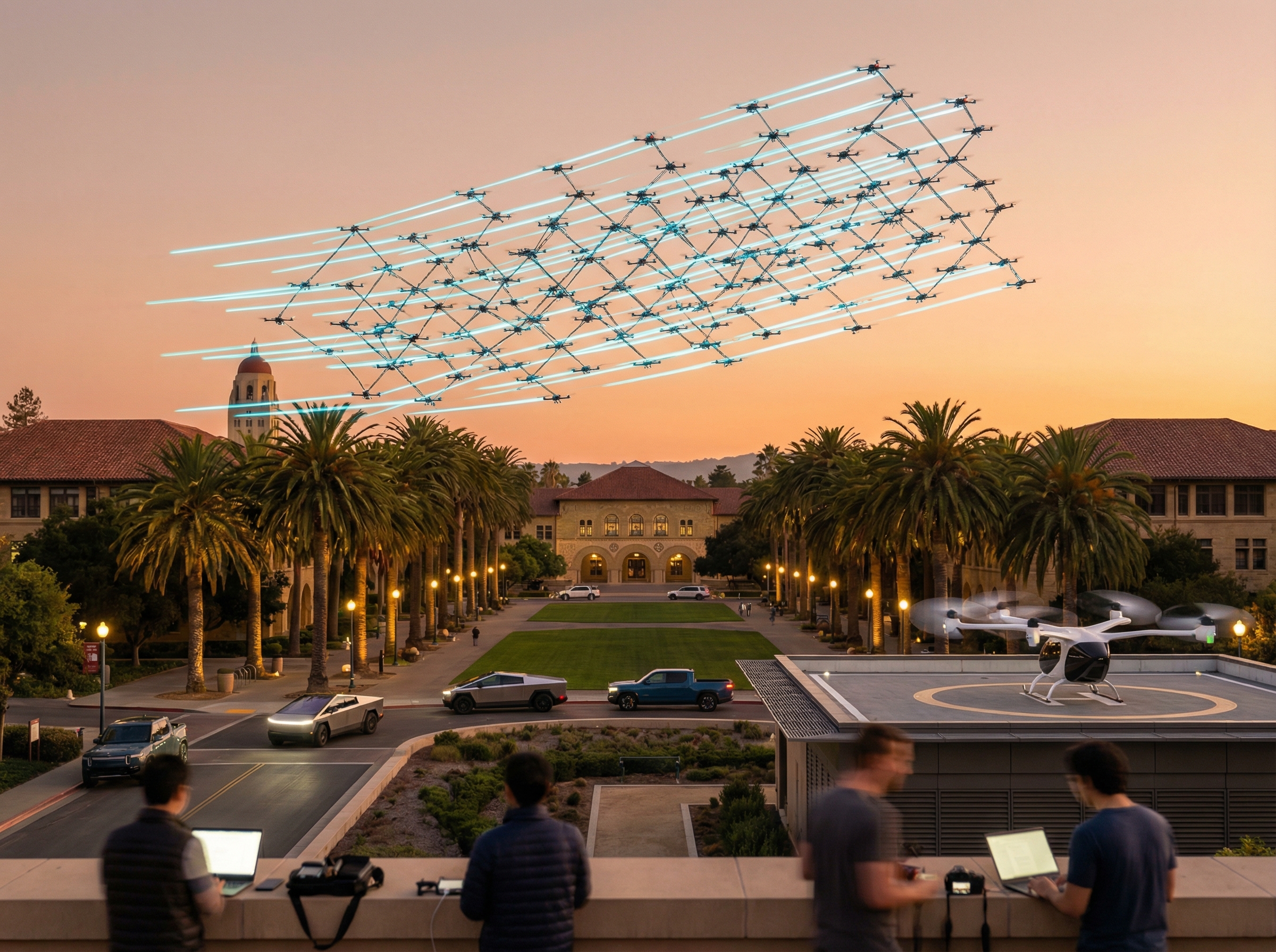 Drone swarm in formation above Stanford campus at golden hour