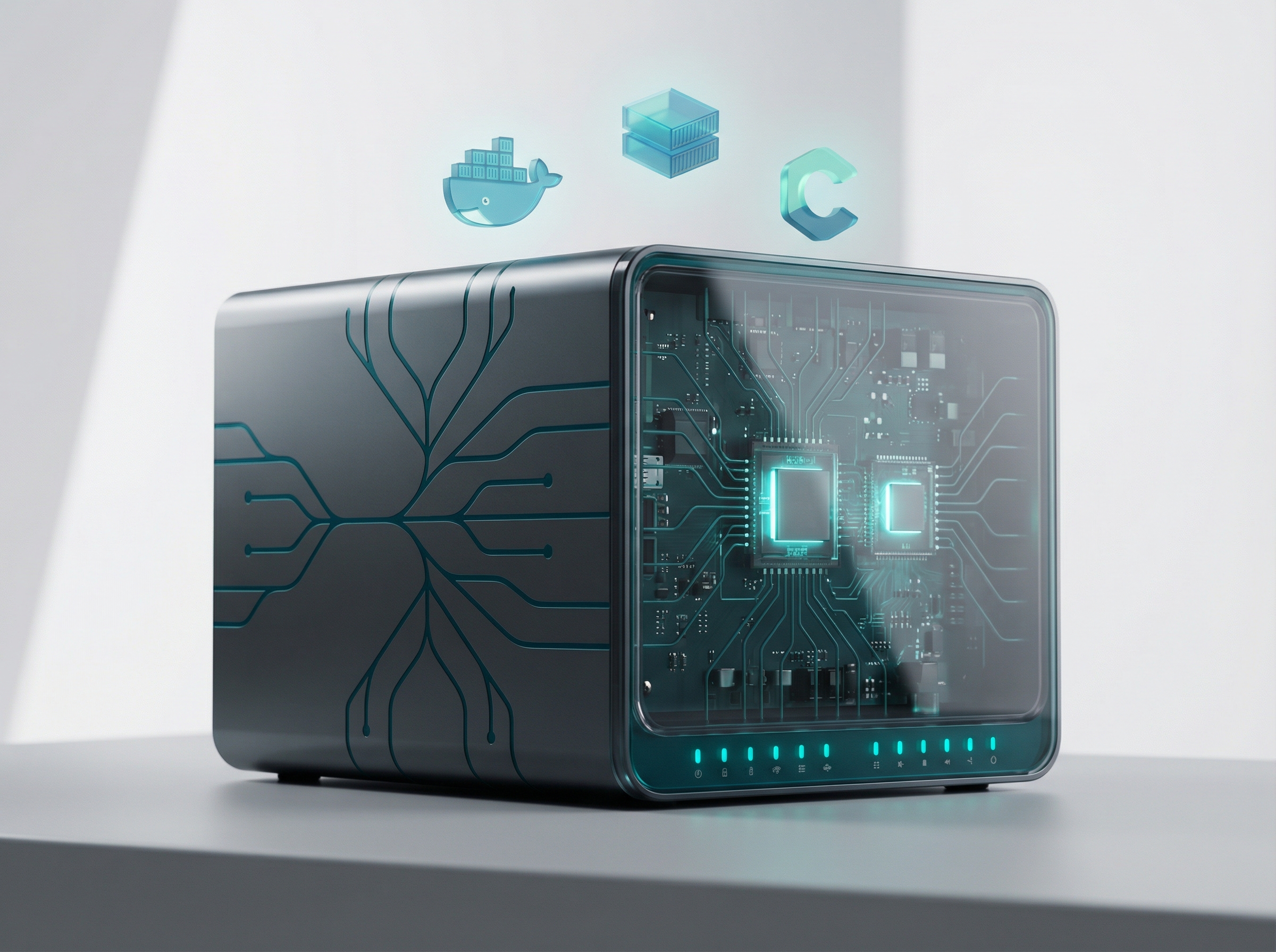 Modern NAS device with glowing AI neural network patterns