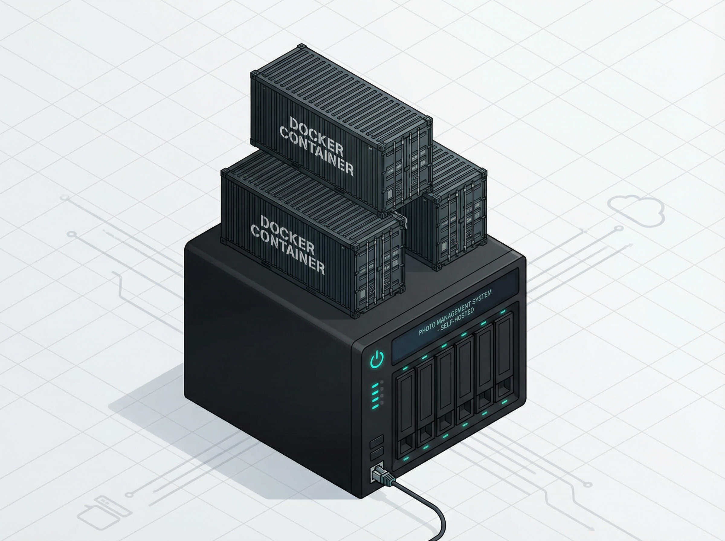 Isometric illustration of Docker containers stacked on a NAS server