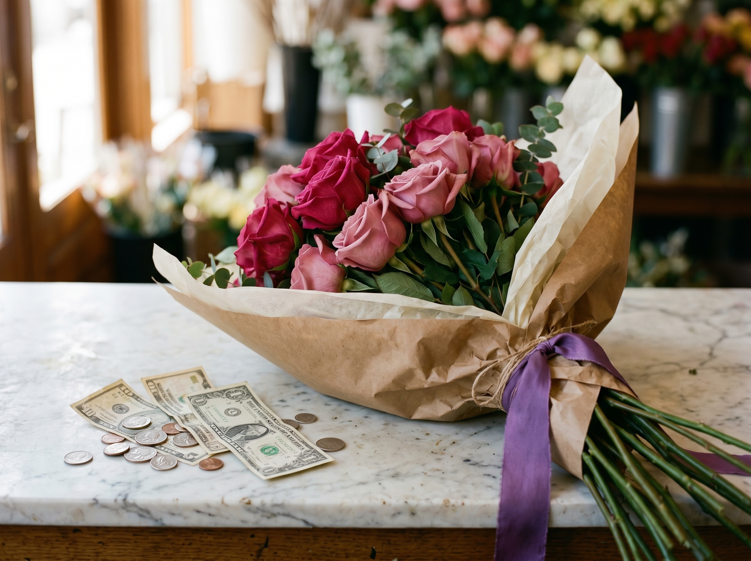 Elegant bouquet of imported roses with price tags, illustrating rising costs