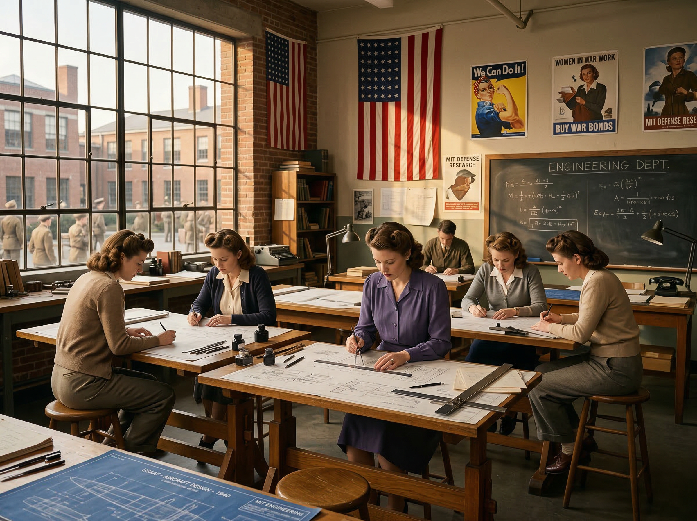1940s women engineers at drafting tables in a WWII-era technical college