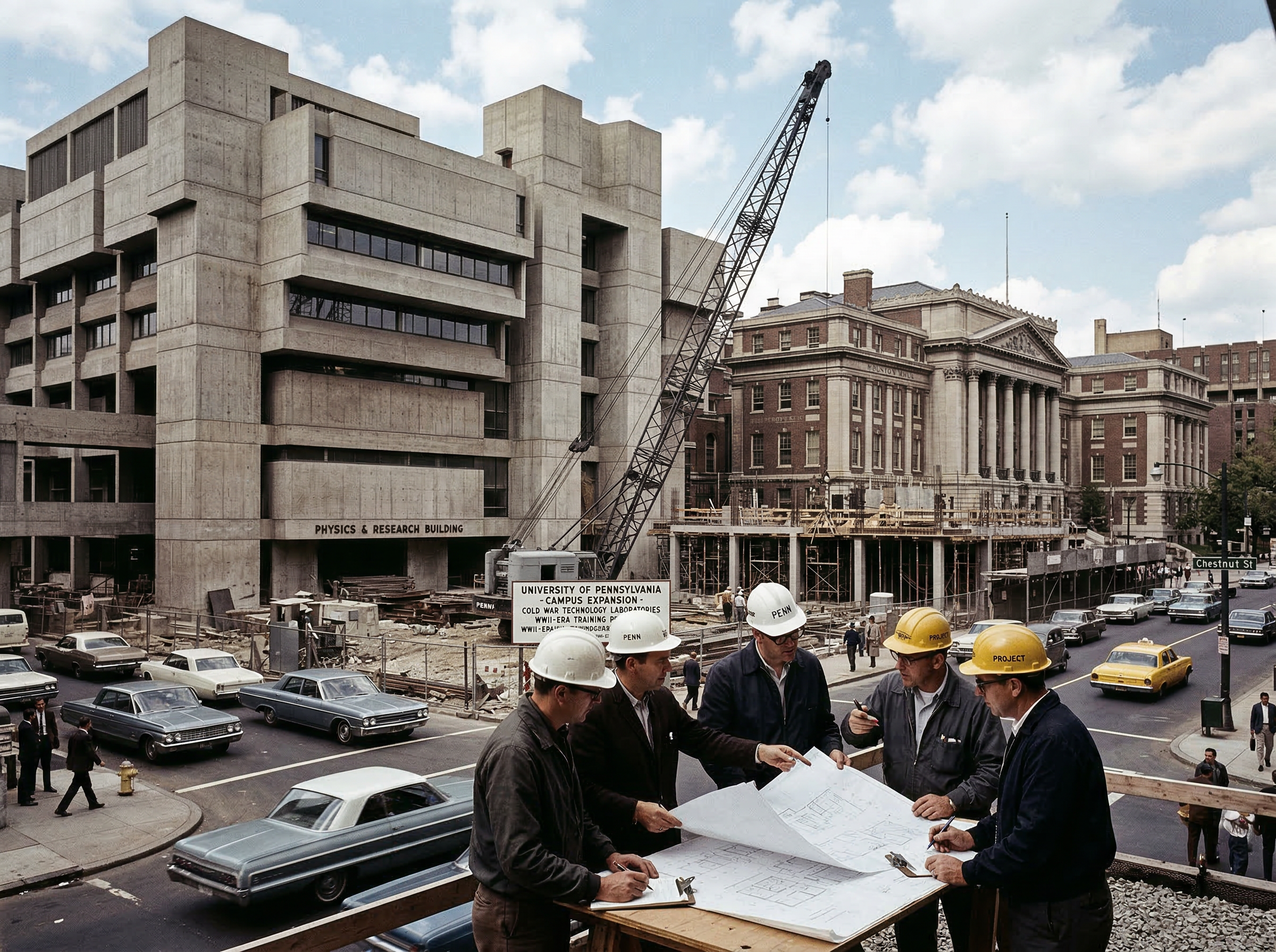 Mid-century campus expansion with brutalist buildings rising among older Beaux-Arts structures