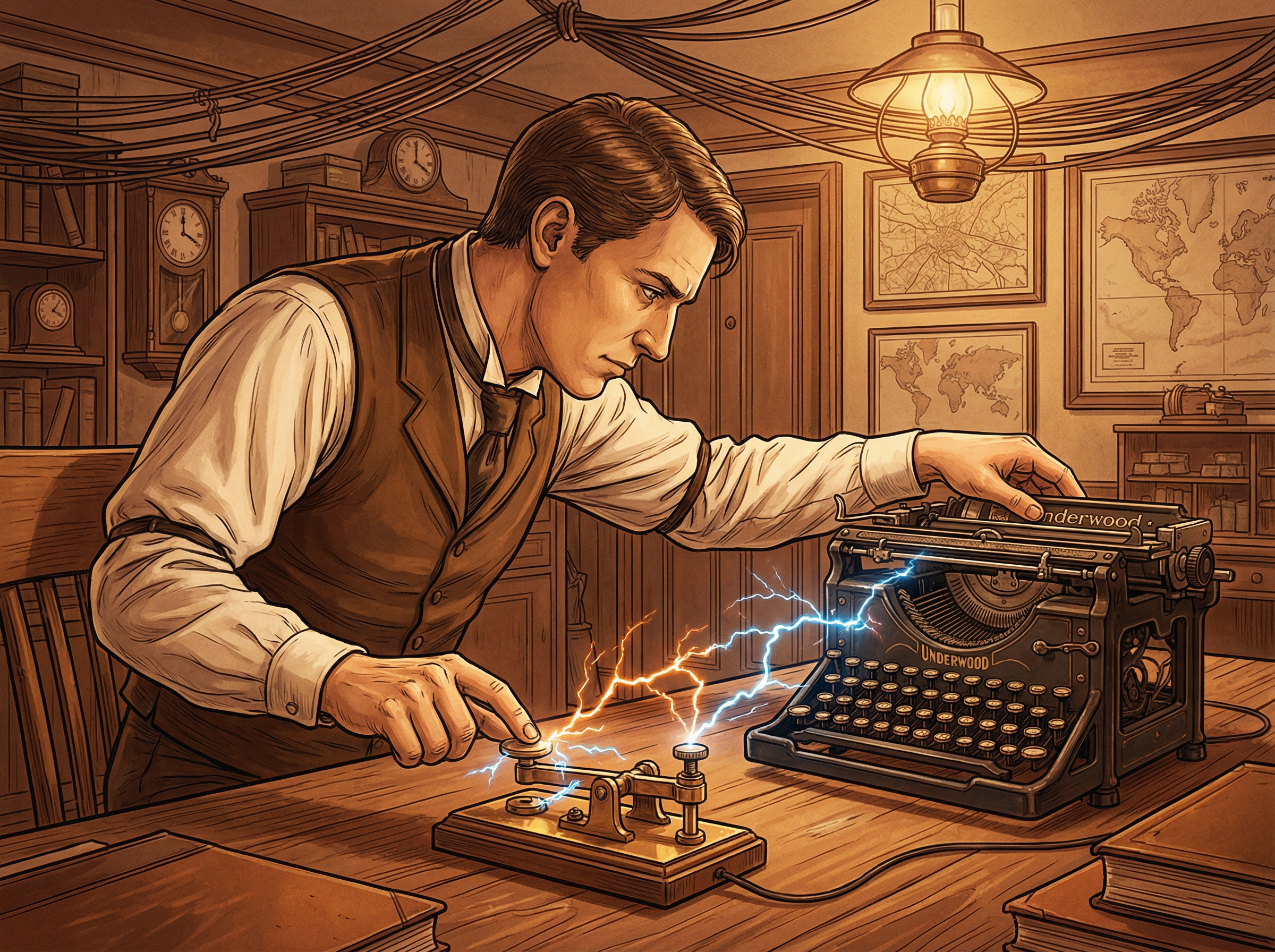 Victorian telegraph operator at desk with telegraph key and early typewriter