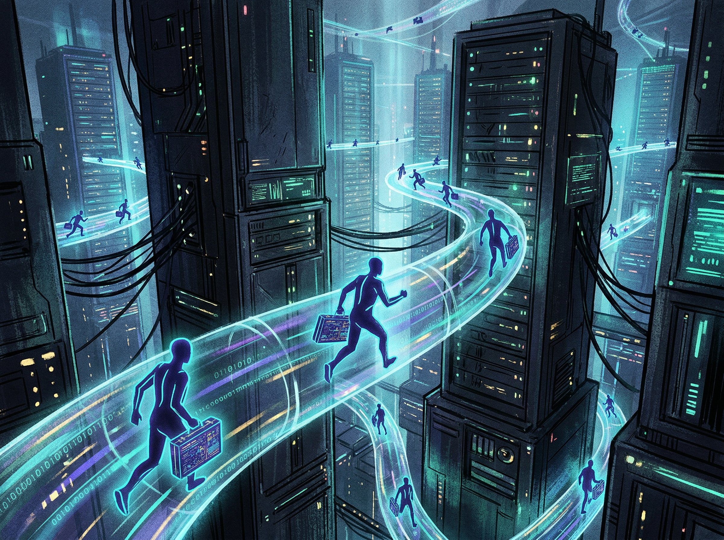 Luminous digital agents traveling through network cables between server monoliths, representing General Magic's Telescript mobile agent language