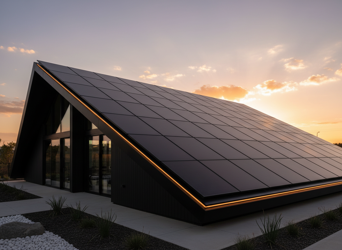 Sleek all-black solar panels on contemporary home at sunset