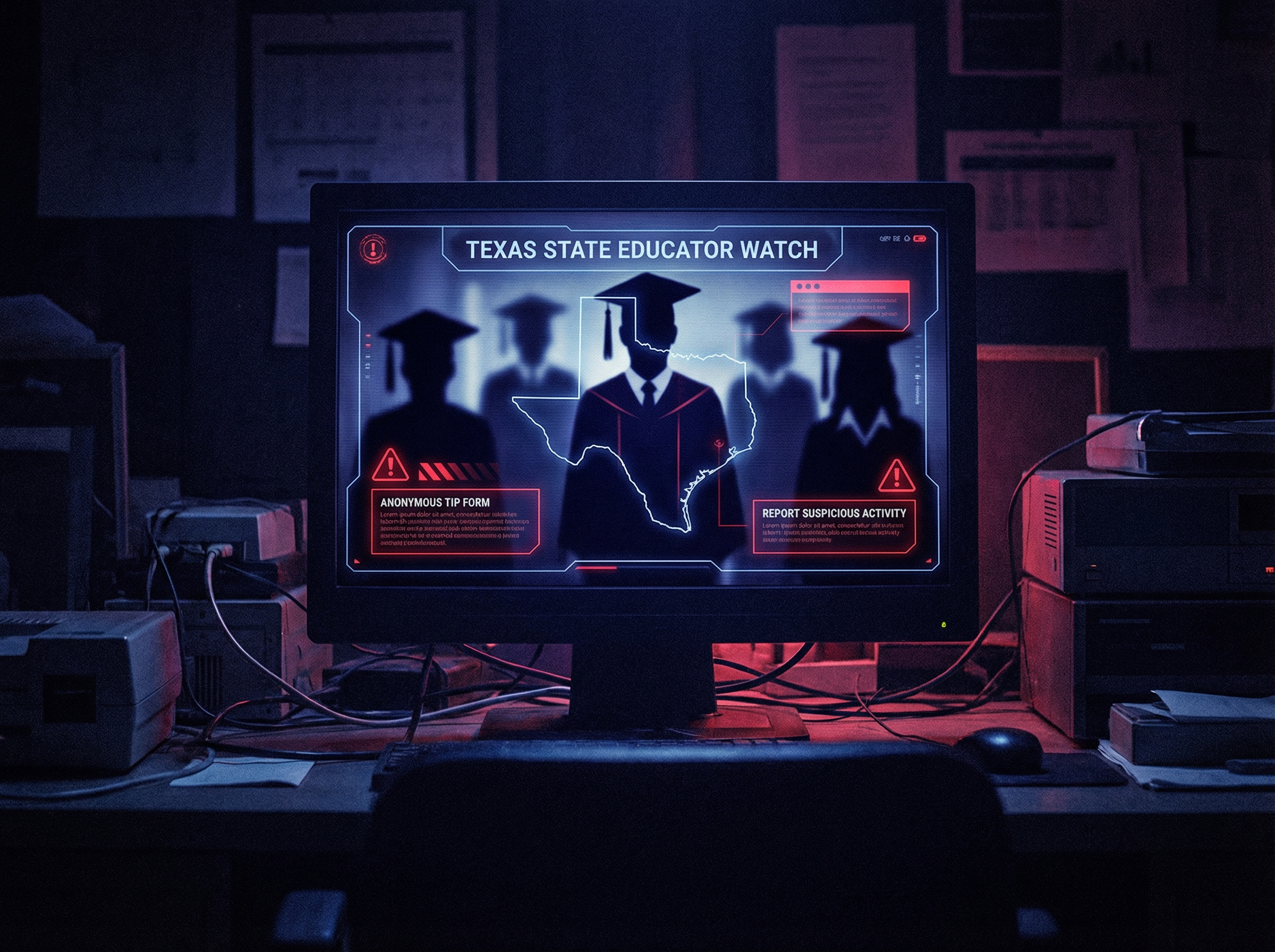 Digital surveillance portal glowing in darkness, representing the Texas whistleblower system
