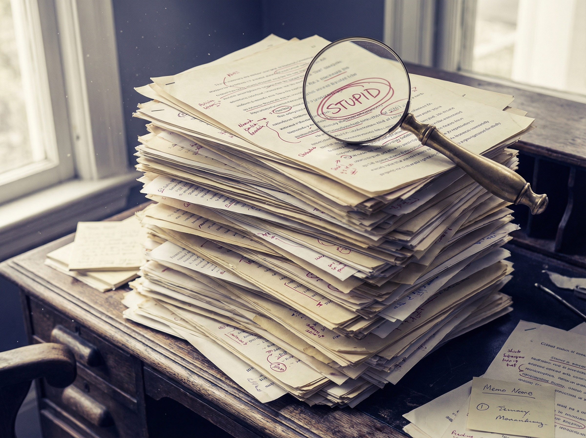 A towering stack of academic papers covered in red ink corrections, with a magnifying glass highlighting the word 'stupid'