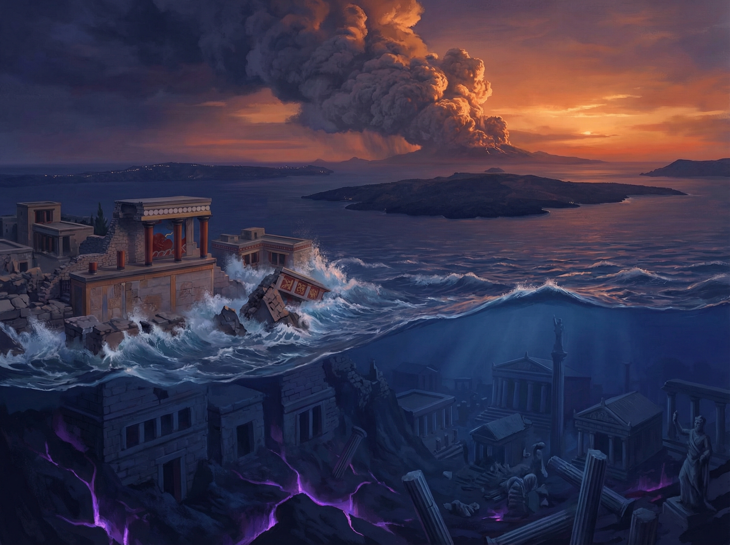 Volcanic eruption over Santorini caldera with ancient Minoan city being engulfed by waves