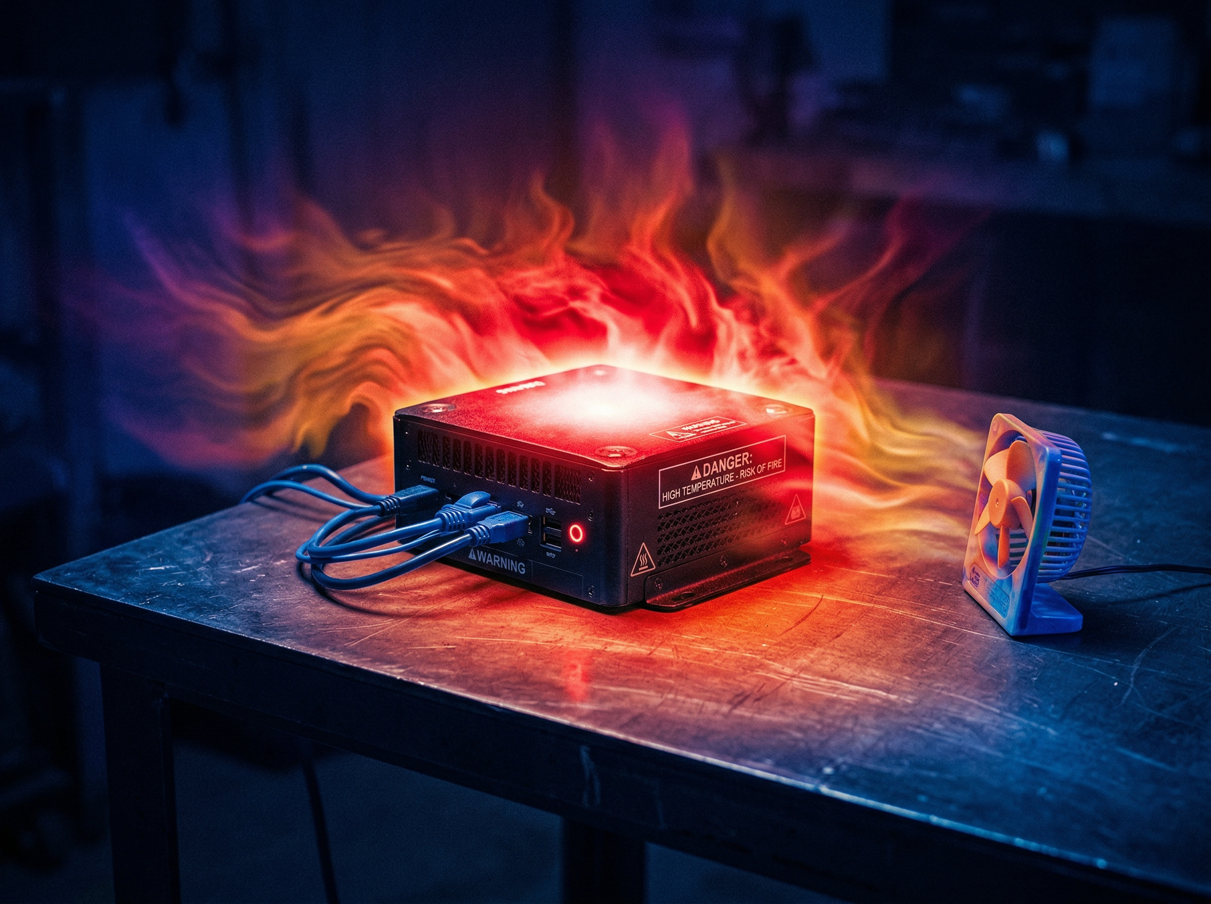 A computing device radiating intense heat, visualized as thermal camera gradient from cool blue to blazing red