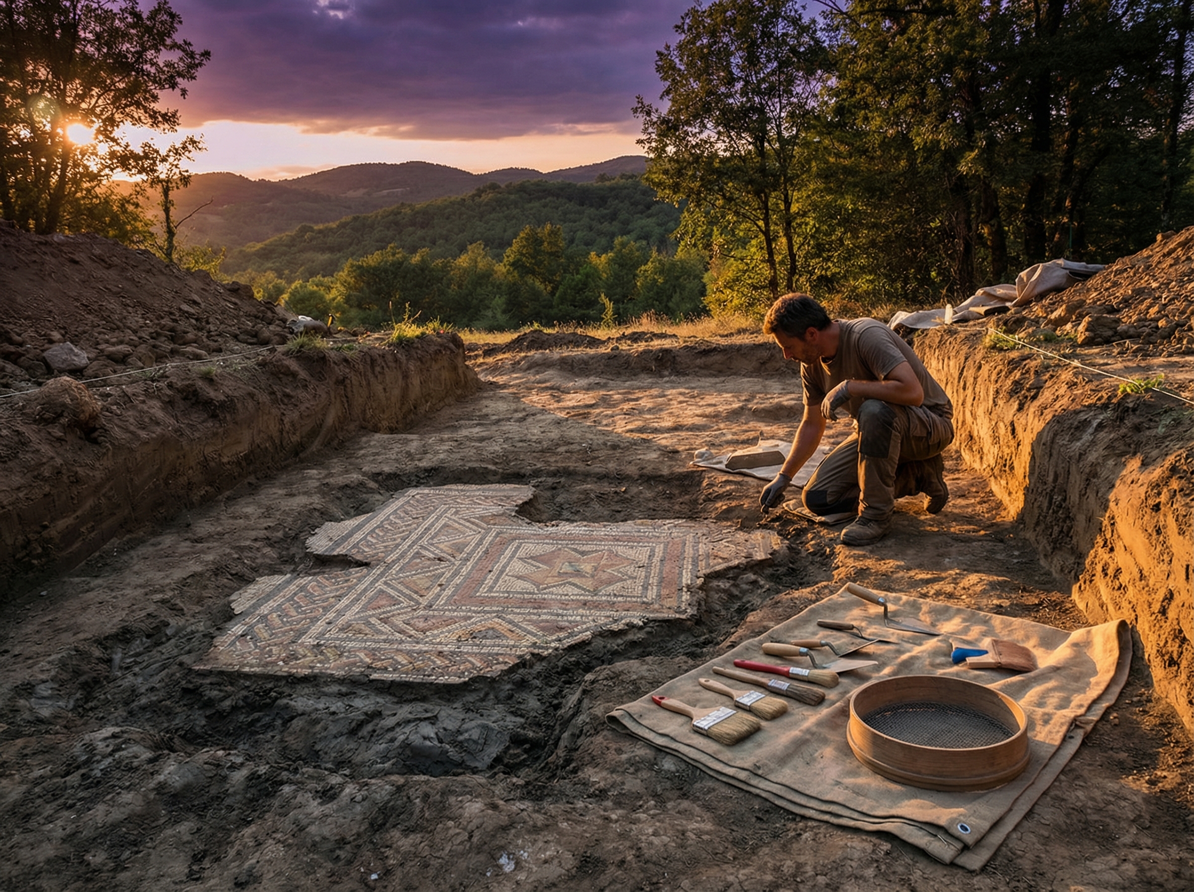 Archaeological excavation at golden hour, ancient Roman mosaic partially uncovered in Transylvanian earth