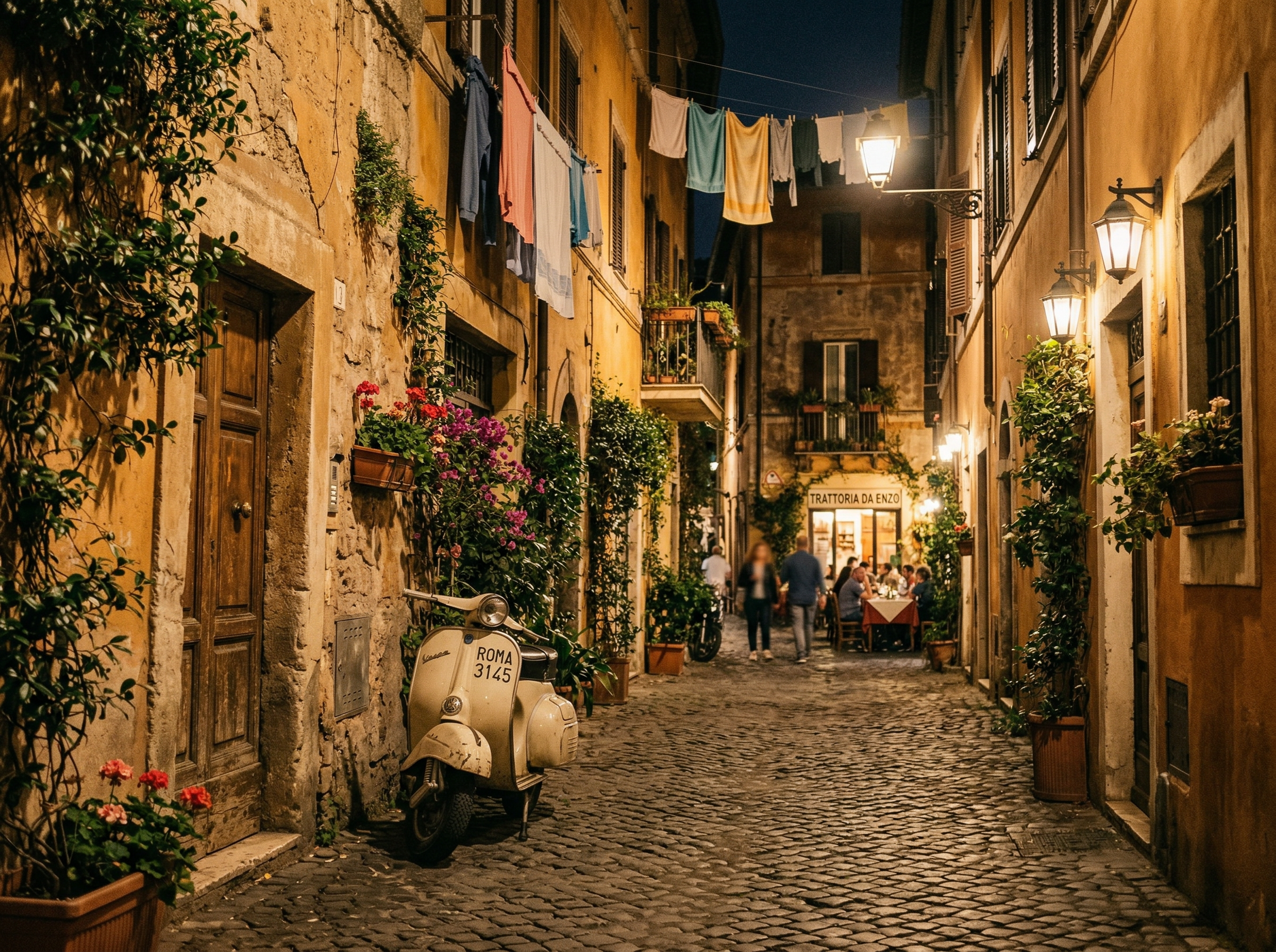 Narrow cobblestone alley in Trastevere with ivy-covered ochre walls and warm light