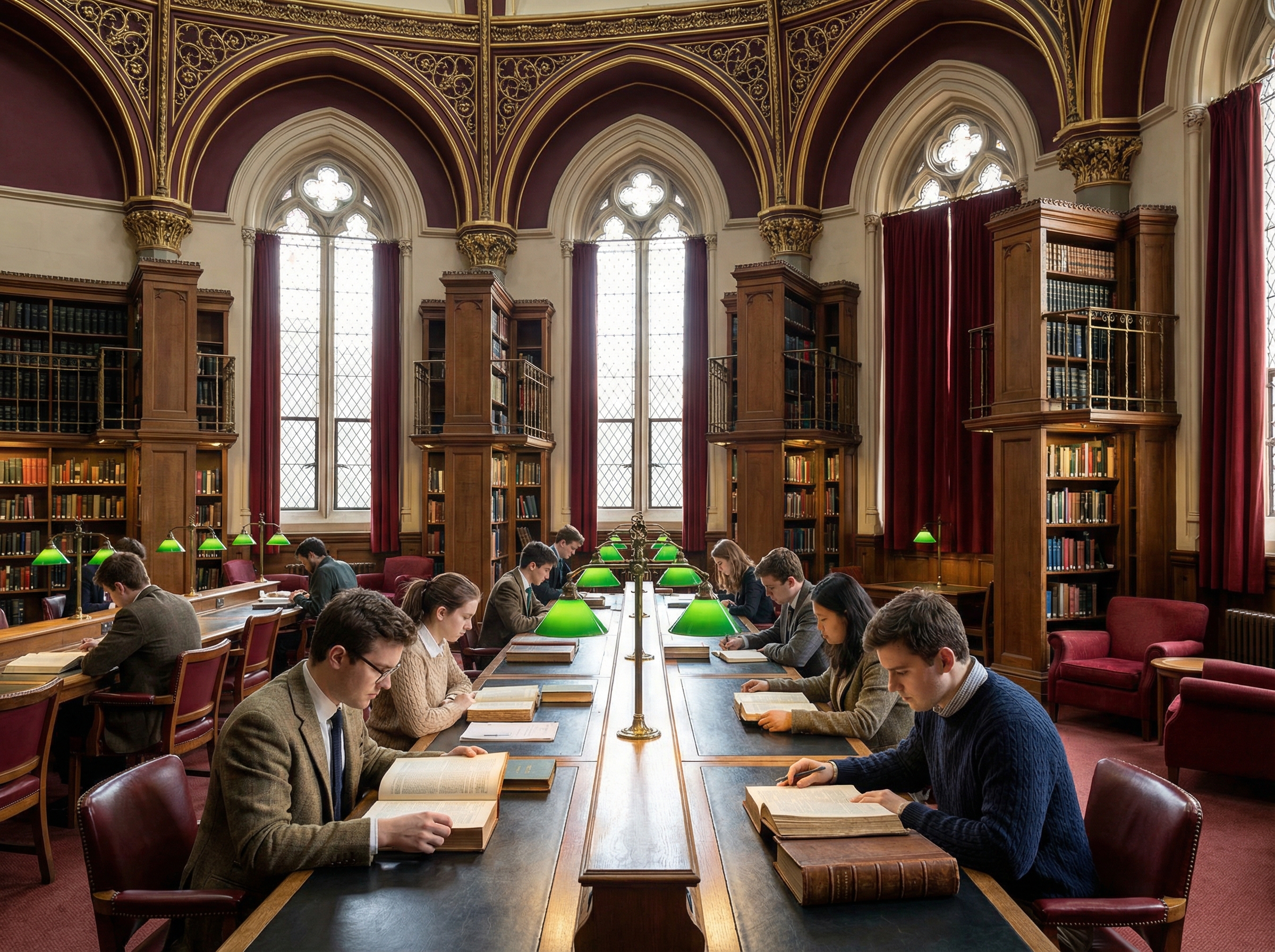 British library reading room with ornate arched windows and green reading lamps