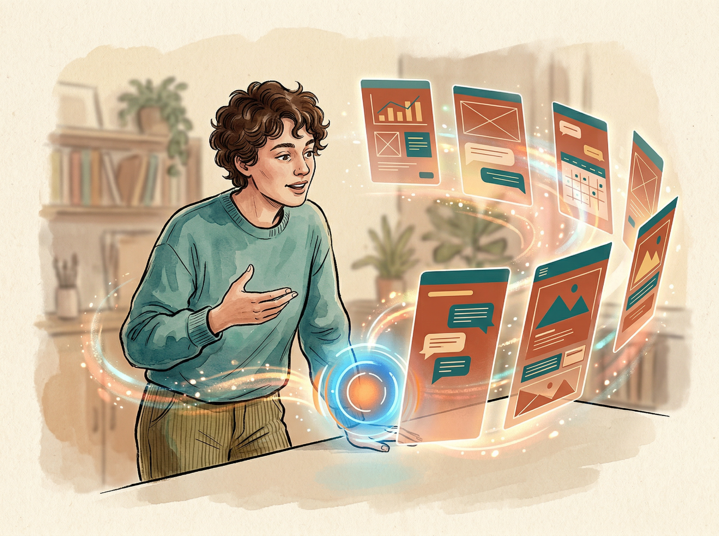 A person speaking to an AI interface while colorful app screens materialize around them like cards being dealt