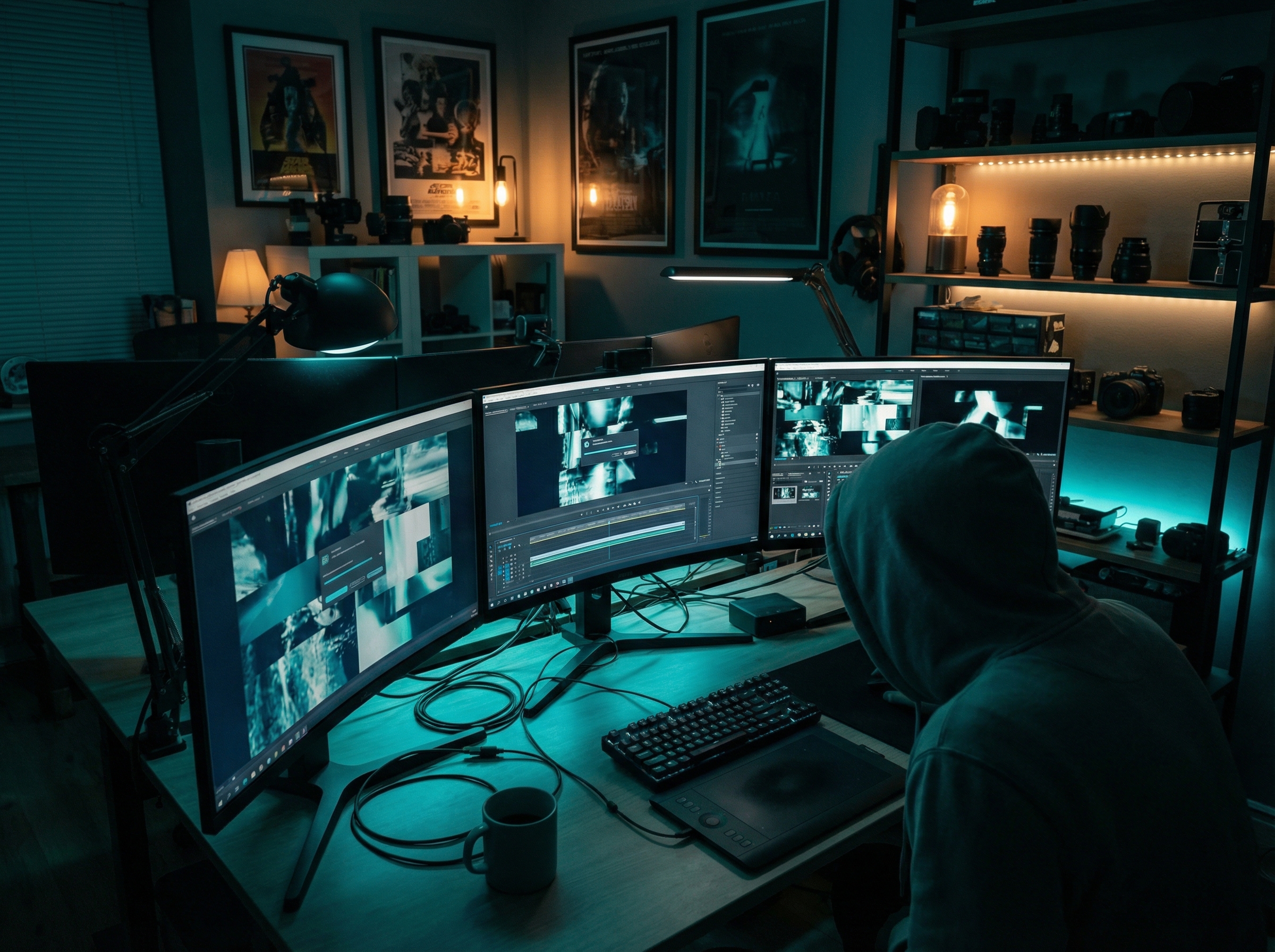 Creative studio workspace with ultrawide monitors showing AI-generated video frames