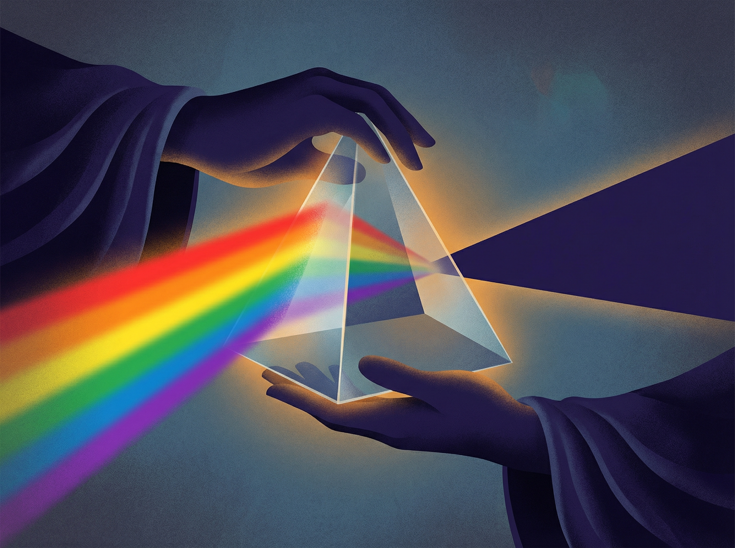 Editorial illustration of a prism with rainbow light entering but only a single narrow beam exiting