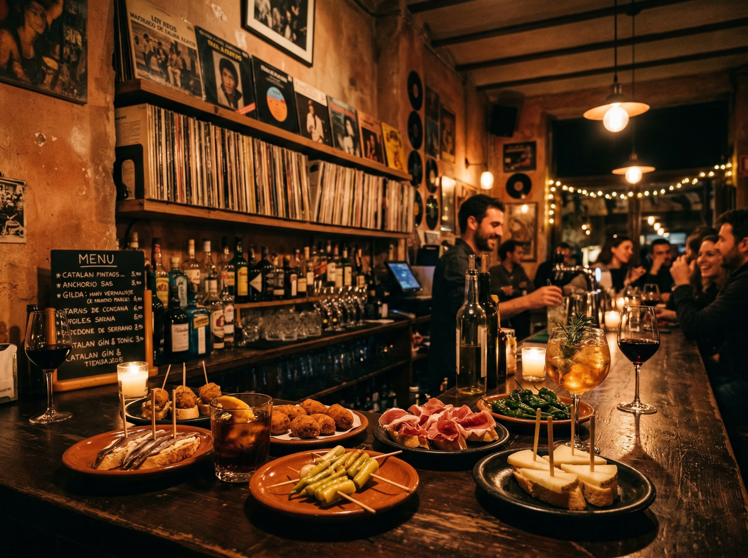 Moody interior of a Barcelona tapas bar with vinyl records, amber lighting, and small plates on a dark wood counter