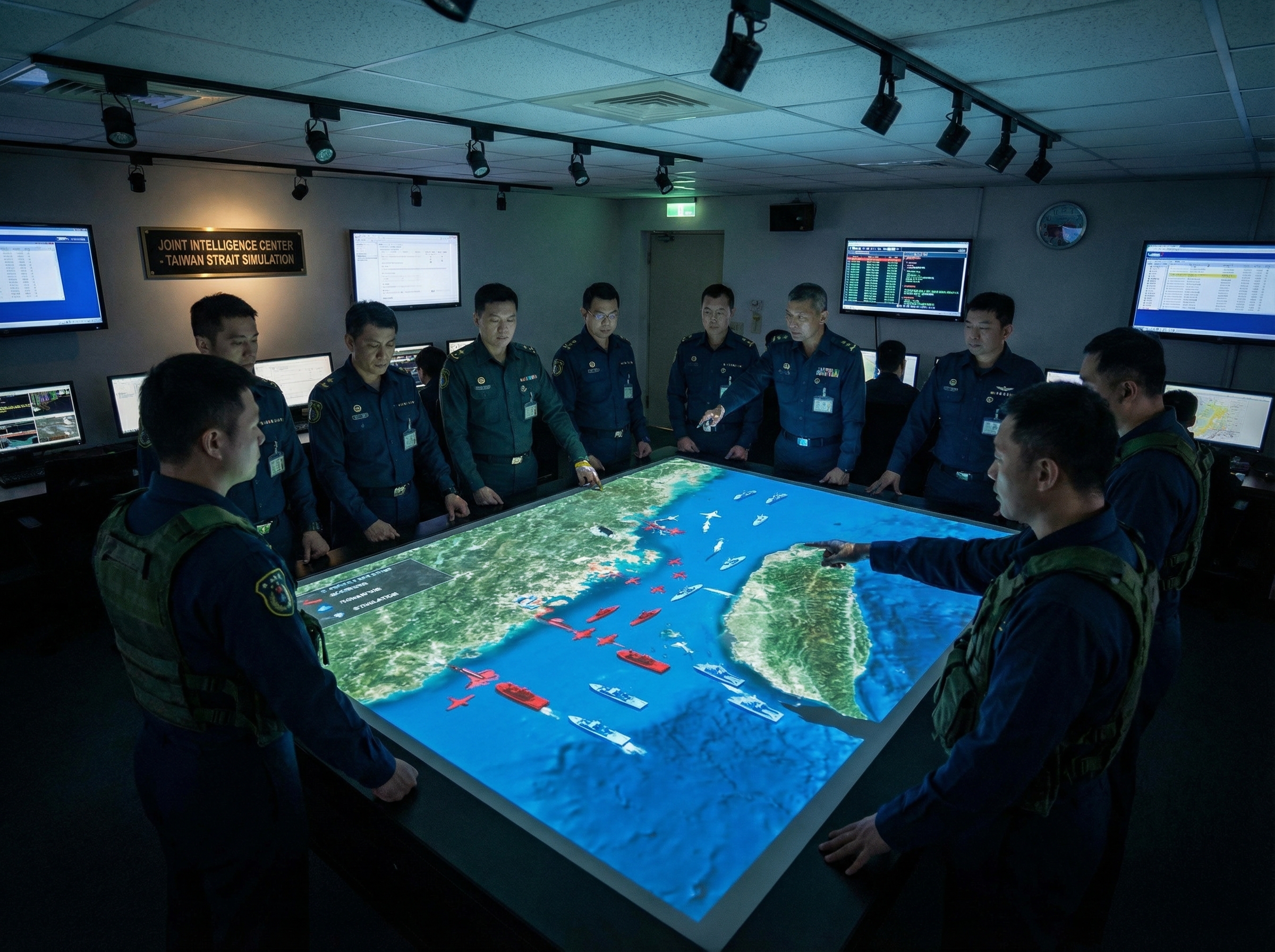 Military wargaming room with holographic tactical displays