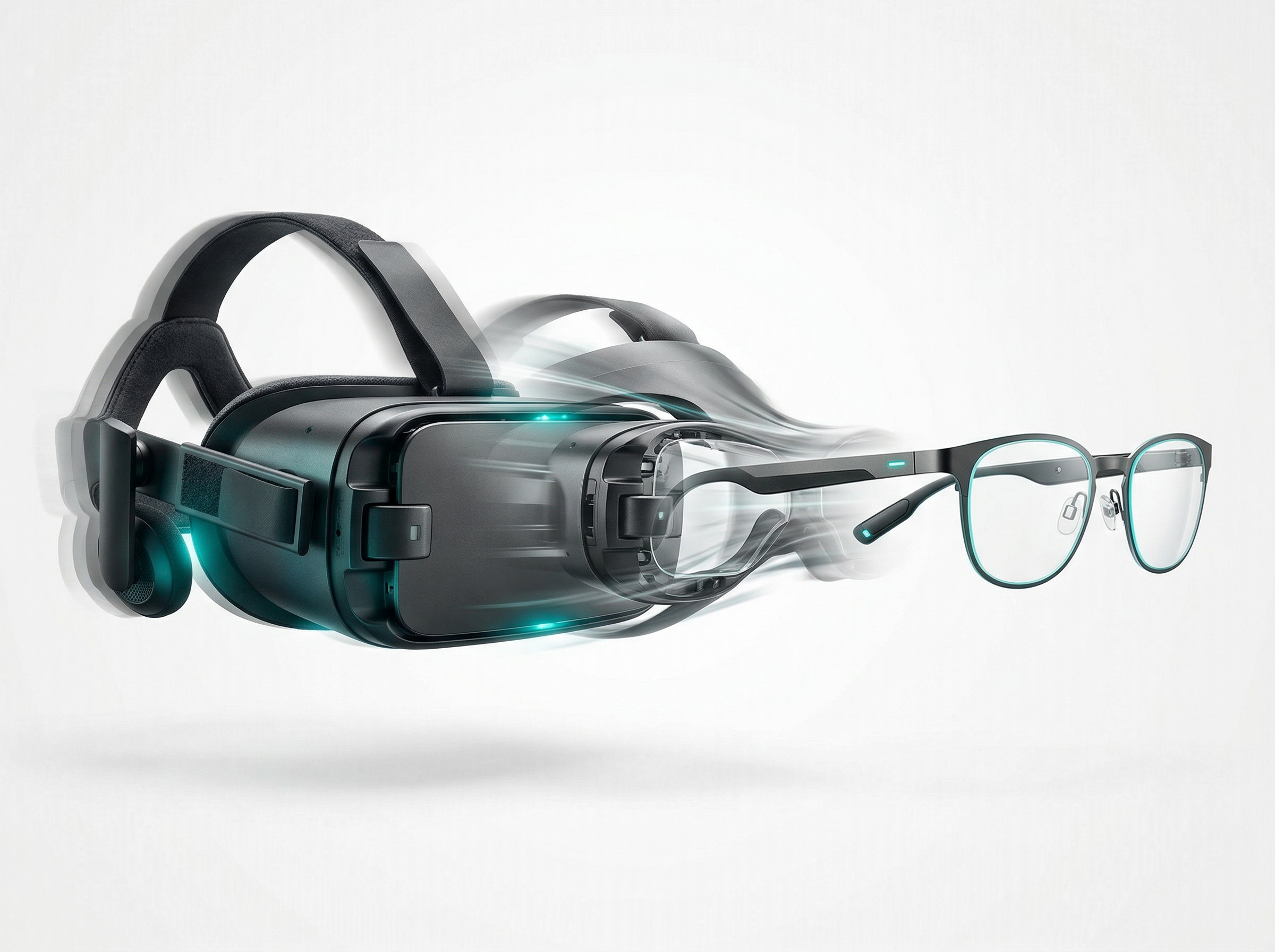 Evolution from bulky VR headset to sleek lightweight smart glasses with motion blur transformation