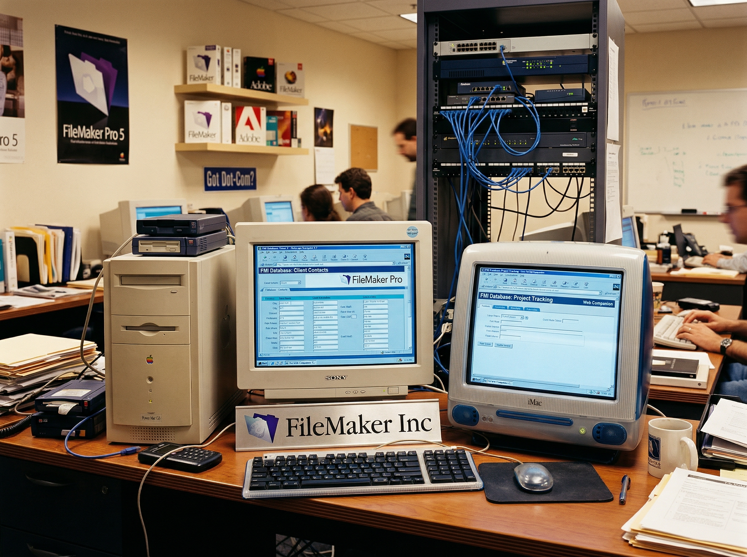Early 2000s office with Power Mac G3 and iMac displaying web-connected FileMaker databases