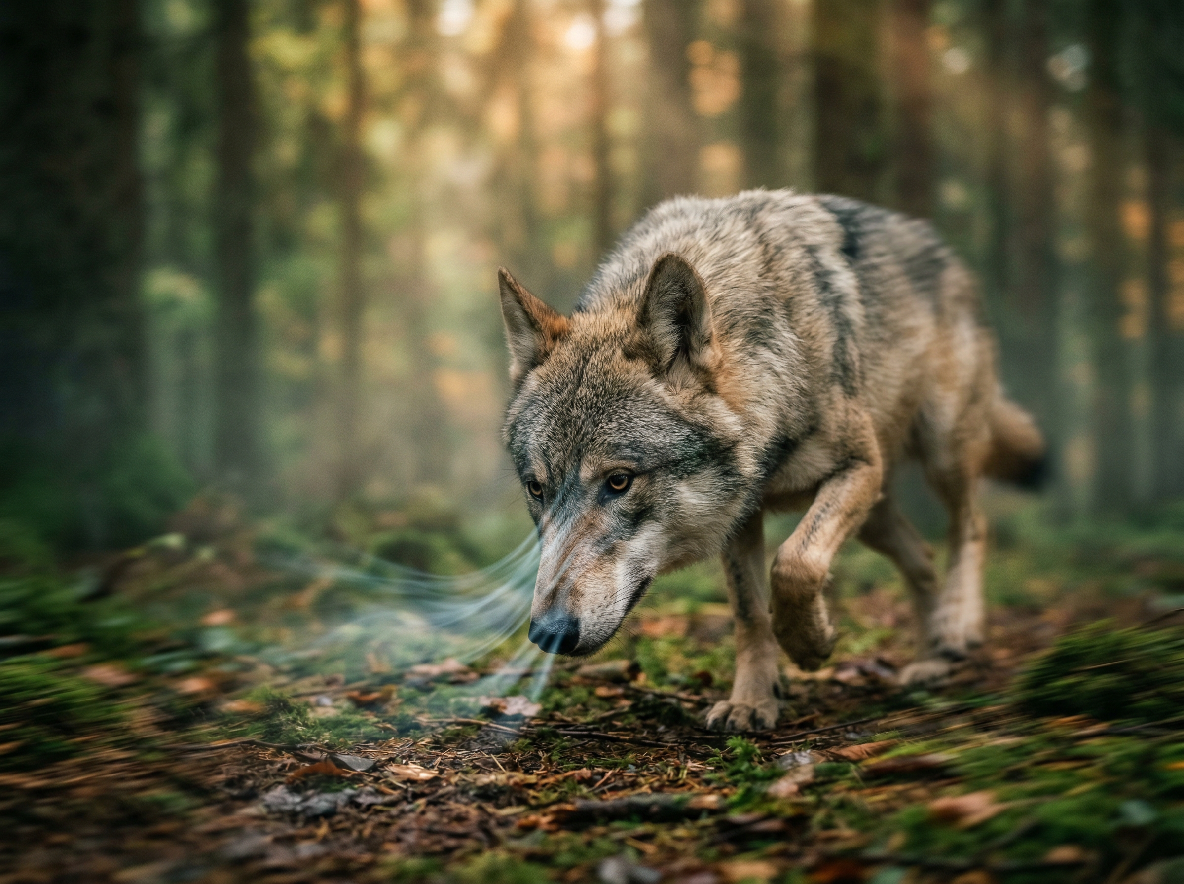 Wolf running through misty forest with nose close to the ground, tracking scent