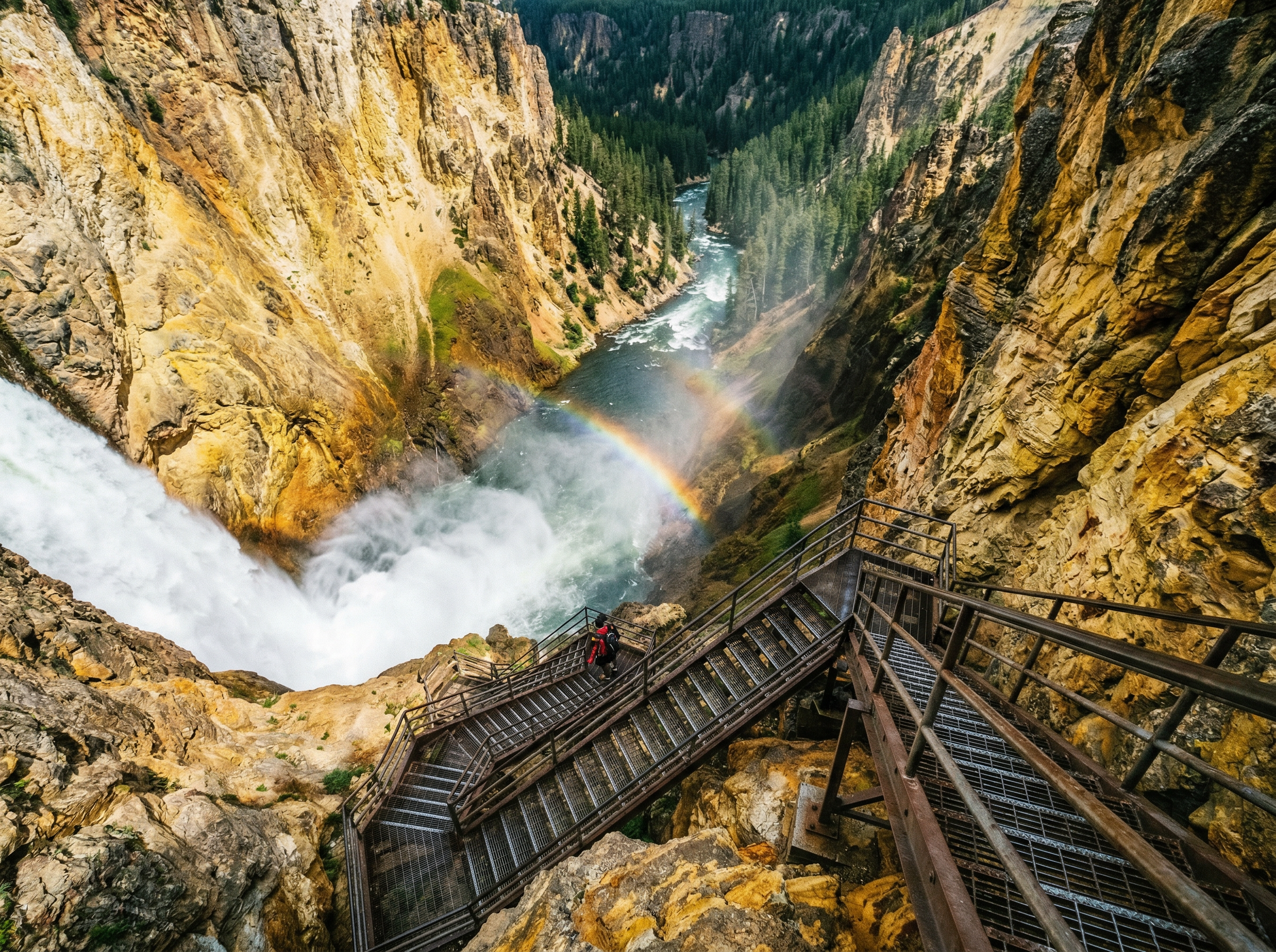 Dramatic steel staircase descending alongside a thundering Yellowstone waterfall