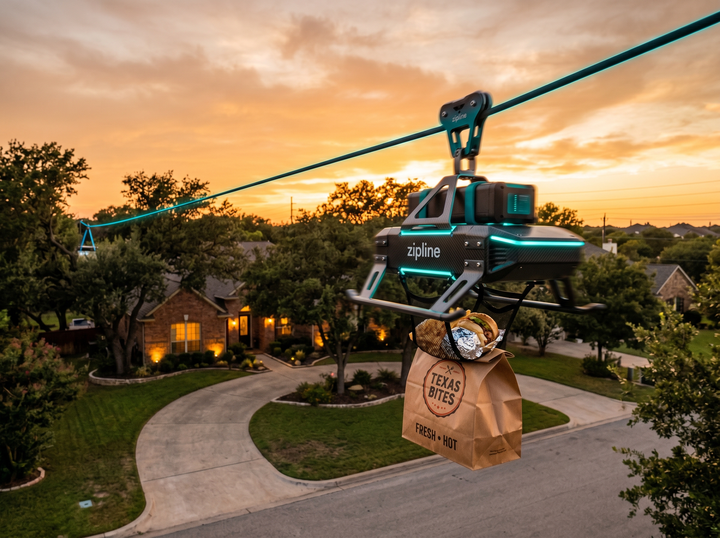 Zipline droid descending with a takeout bag toward a Texas driveway at sunset