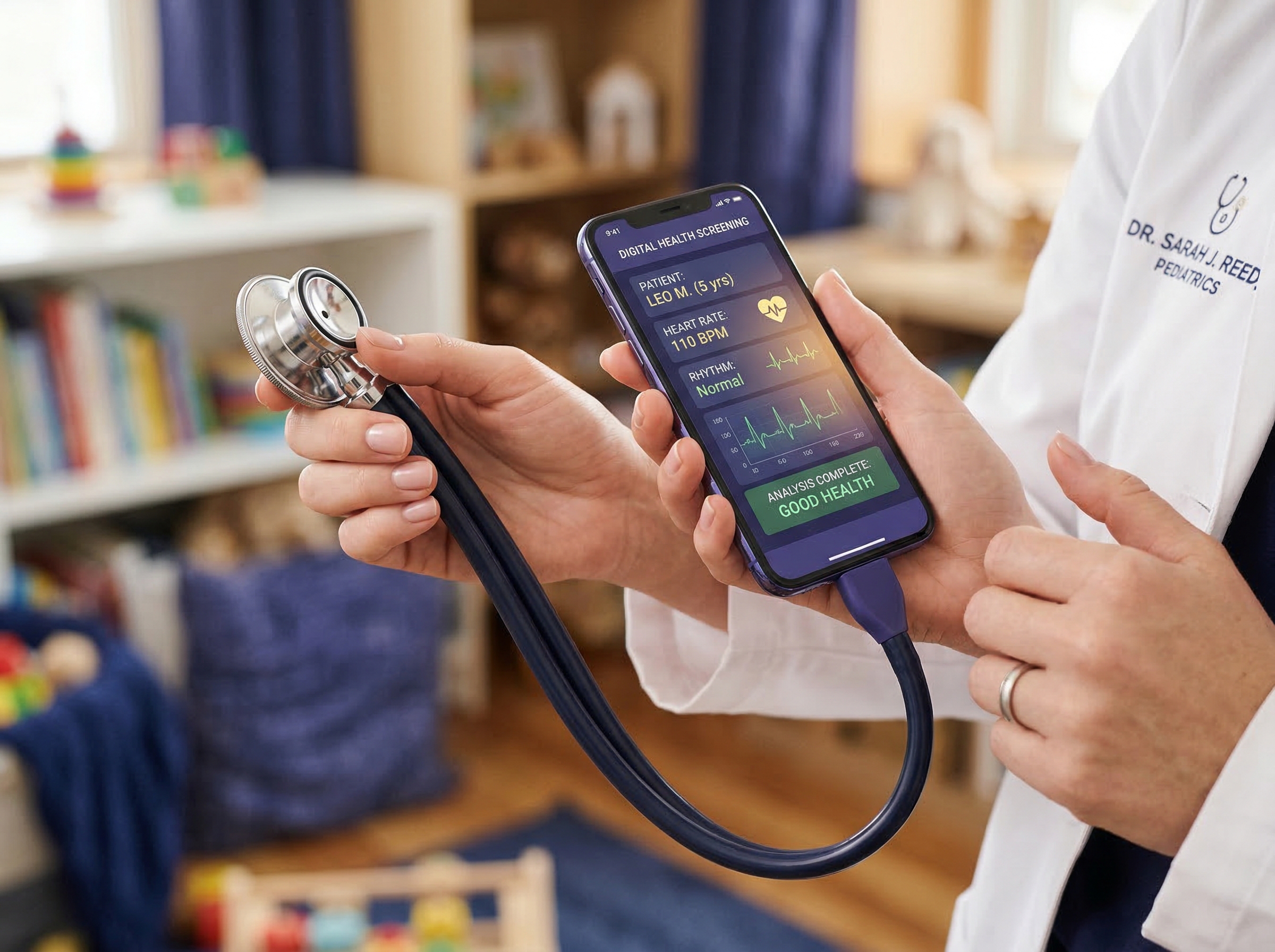 A pediatrician's stethoscope that transforms into a smartphone at its end, symbolizing digital health screening