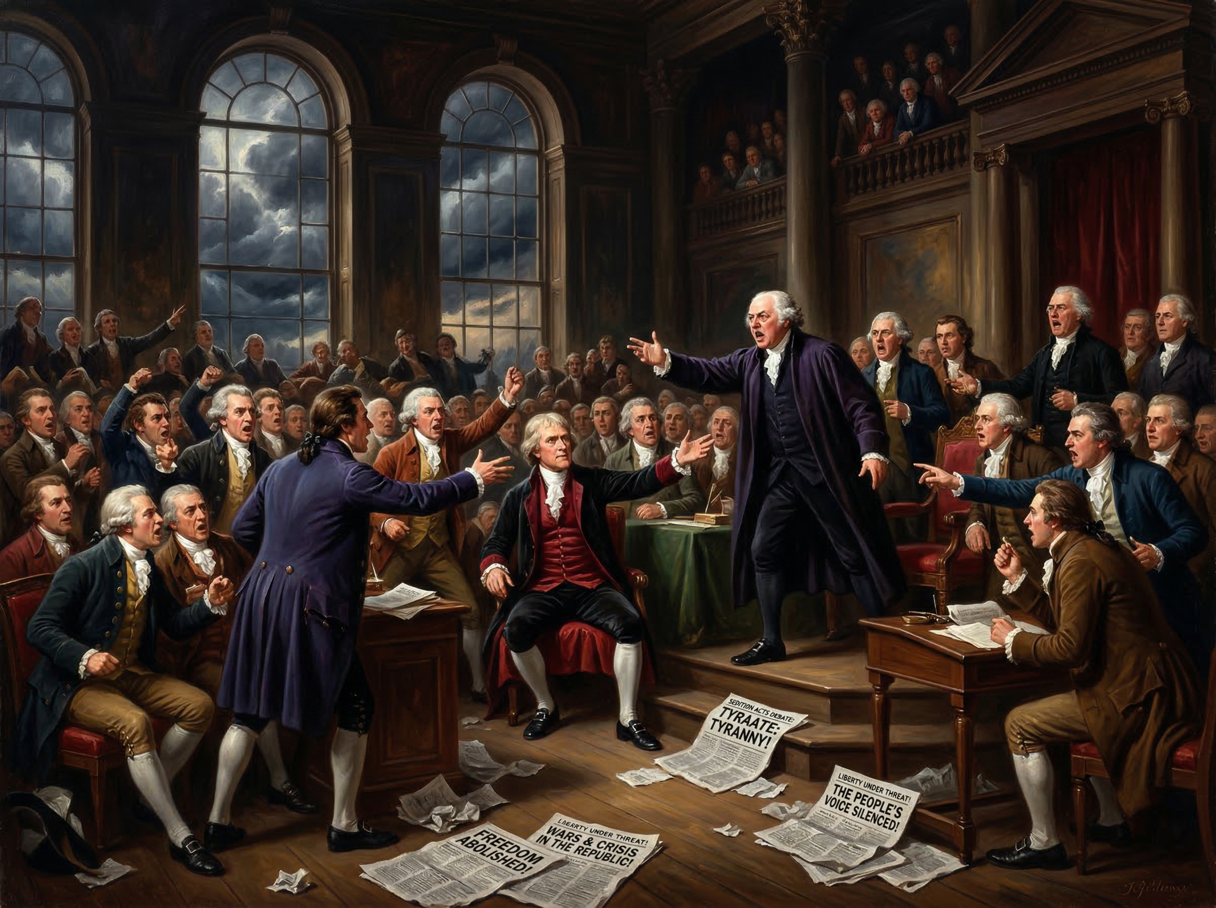 A heated congressional debate scene from 1798, with newspapers scattered on the floor and storm clouds visible through windows